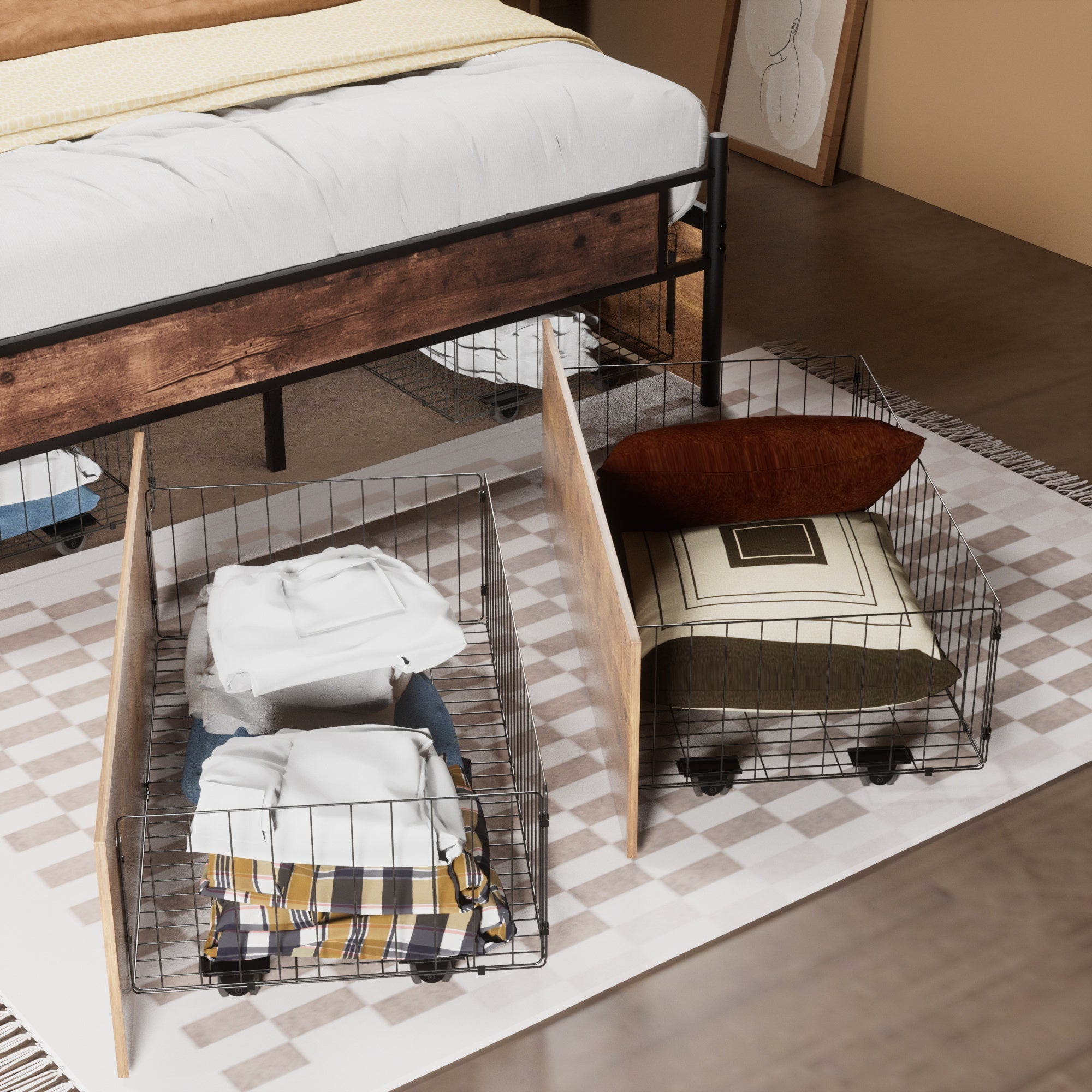 VECELO Underbed Storage Drawers (Rolling Metal Organizer, Set of 4, Brown, 37.6 in x 19.7 in x 13.4 in) gdz6p