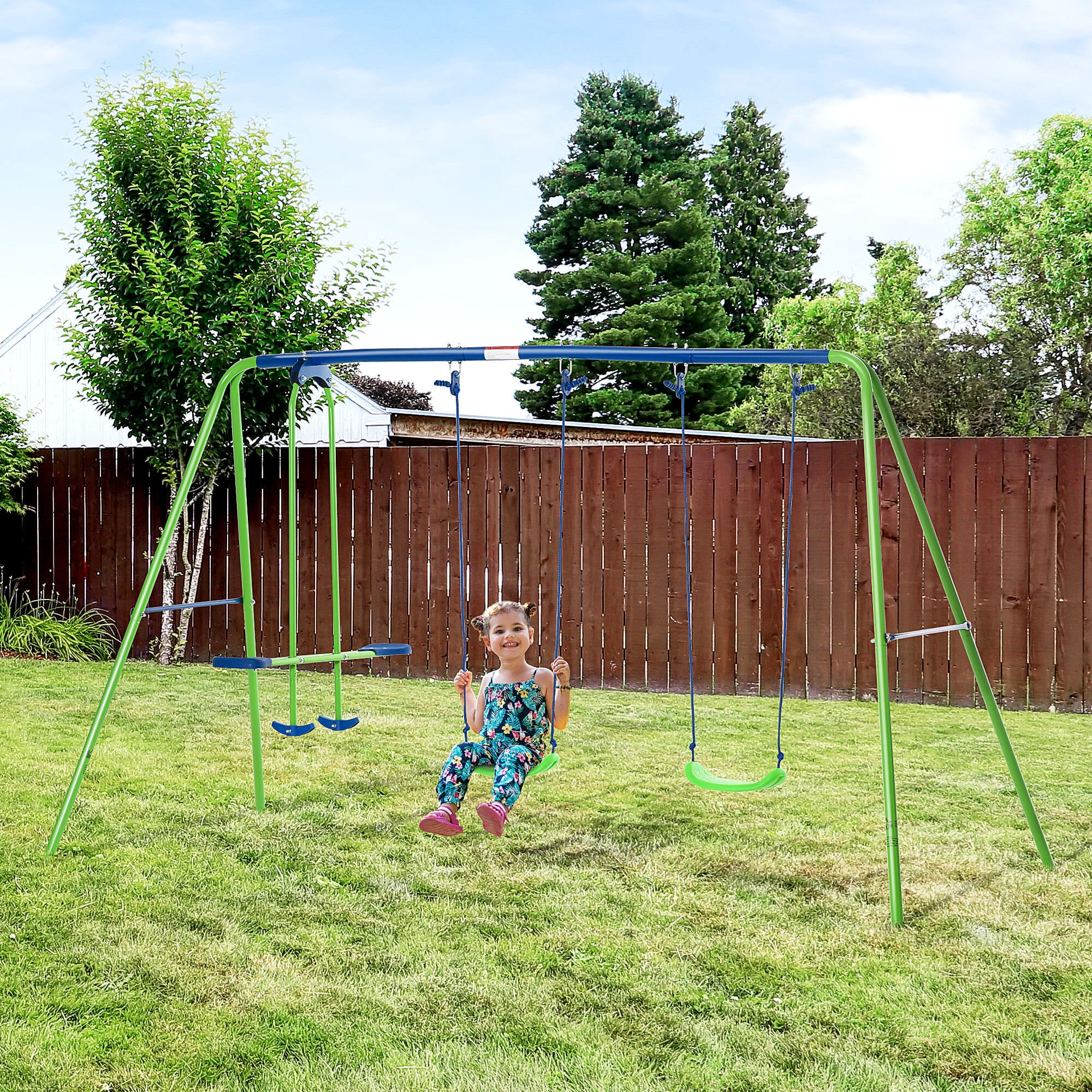 Outsunny Metal Swing Set with Glider and Two Adjustable Seats (Green, 110.25 in x 55 in x 70 in) fdgec