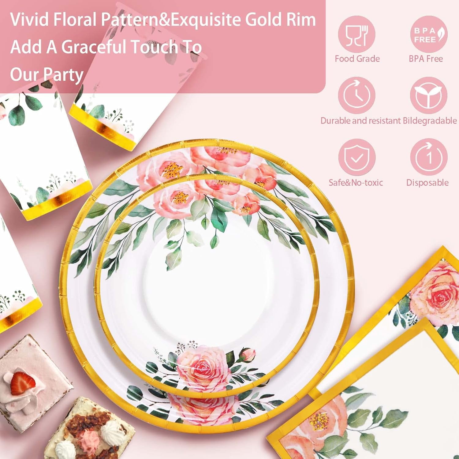 Generic Floral Party Supplies Disposable Dinnerware Set (Gold, 168 Piece Set) c6b2i