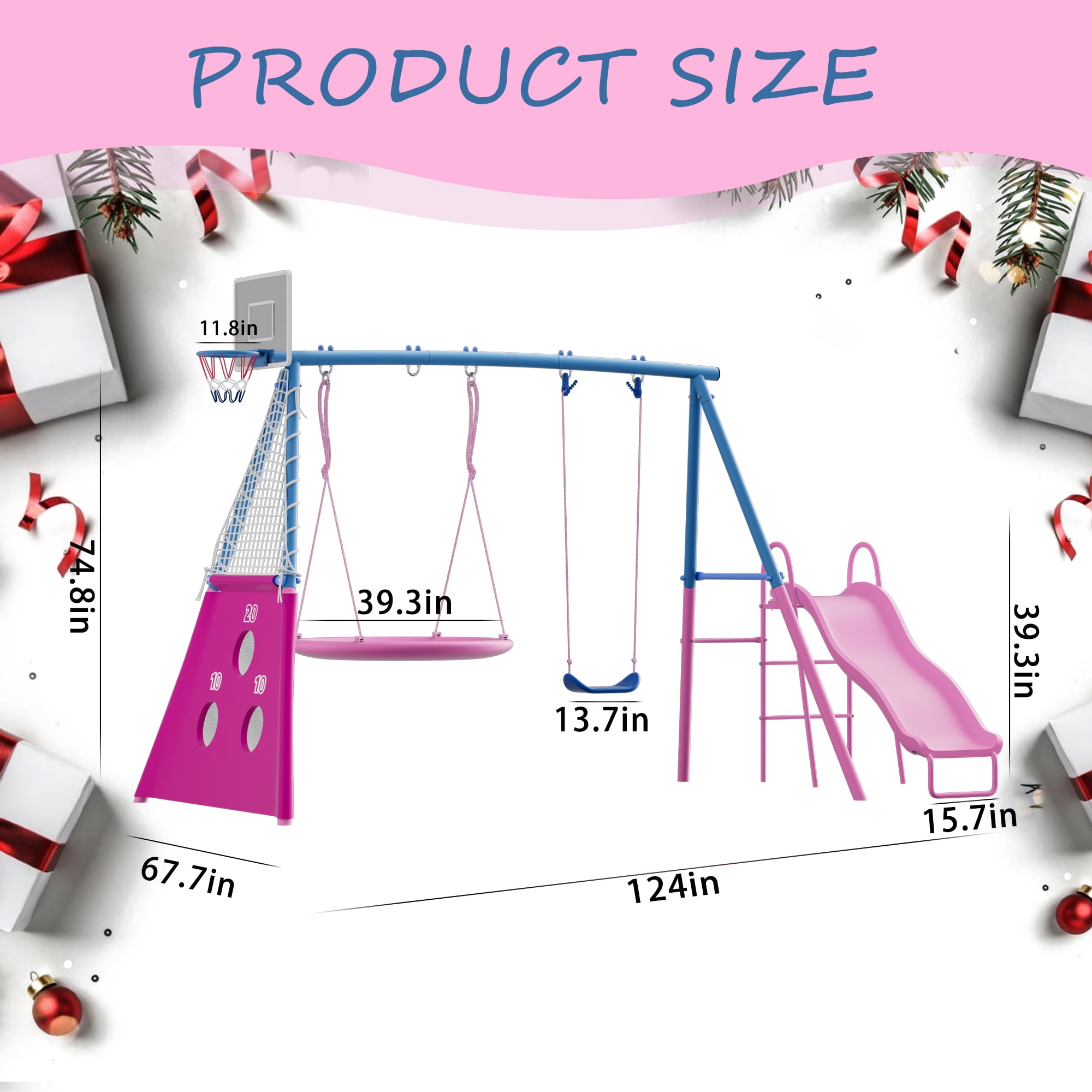 Shengchao Trade Kids Outdoor Metal Swing Set with Slide and Basketball Hoop (Pink, 440 lb) ds88a