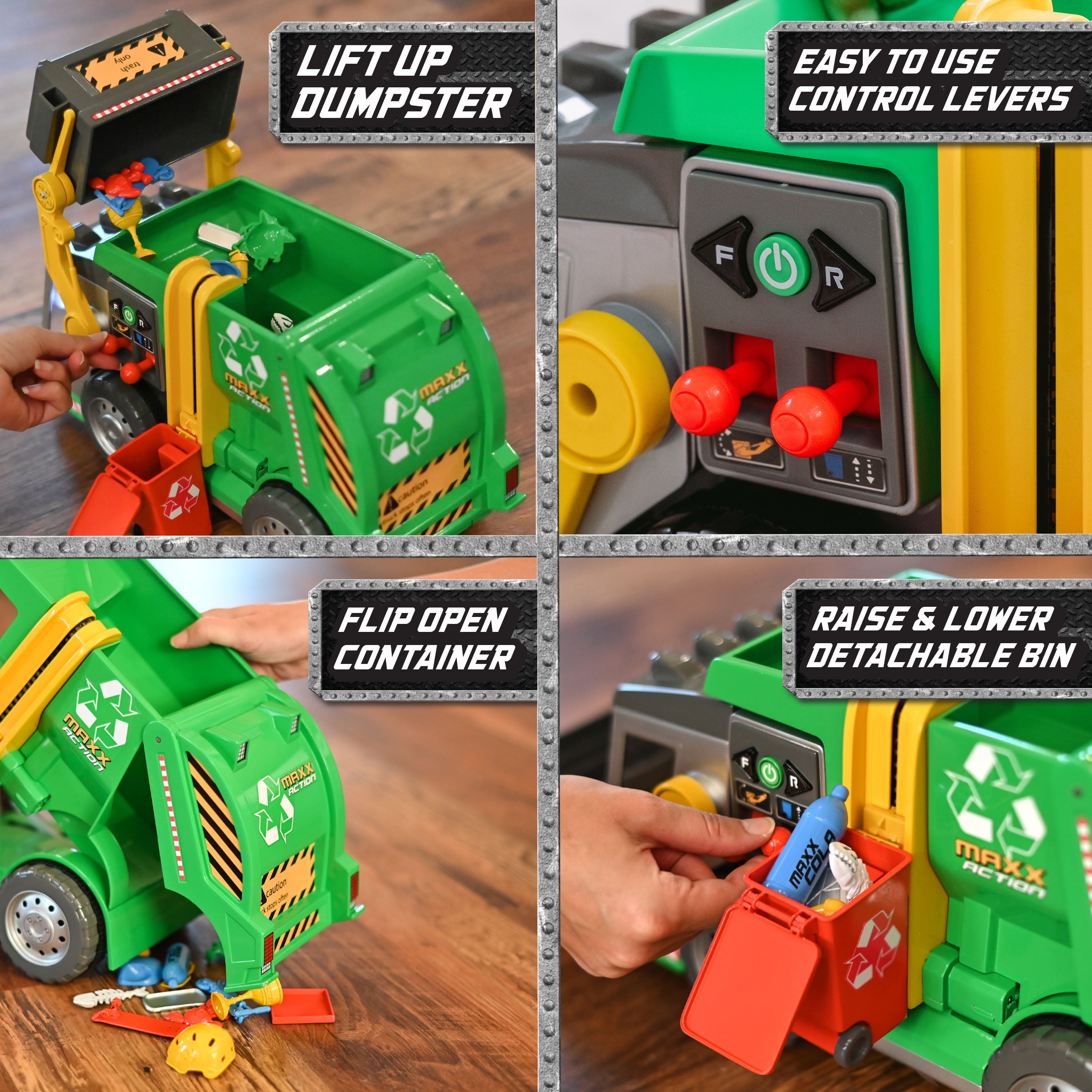Maxx Action 3-N-1 Recycler Garbage Truck Toy with Motorized Drive, Lights, and Sounds (19 in x 9 in) s1h6f