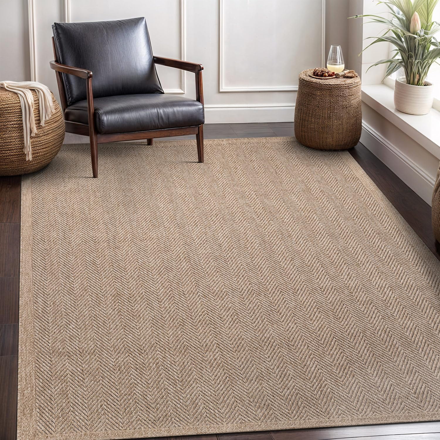 CAMILSON Herringbone Area Rug Indoor Outdoor Farmhouse Style (Natural, 9 ft x 12 ft) muvm3