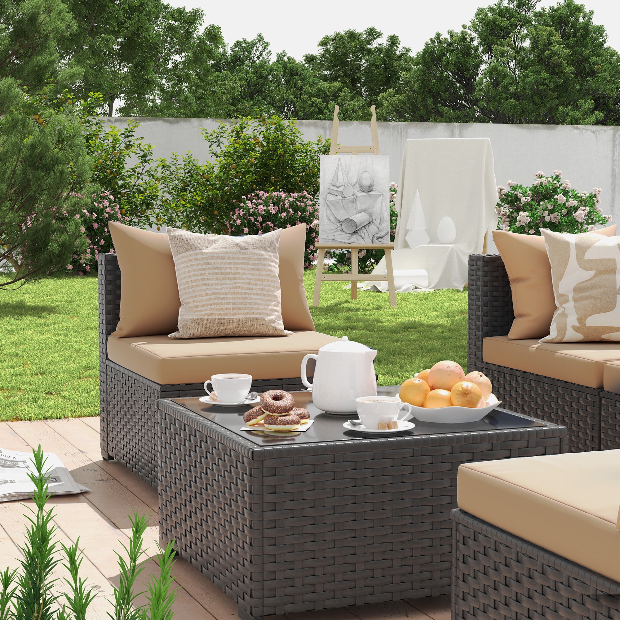 MRUAKA 7-Piece Outdoor Patio Conversation Set, PE Rattan Wicker Sectional Furniture with Cushions (Beige, 7-Piece Set) 6espu