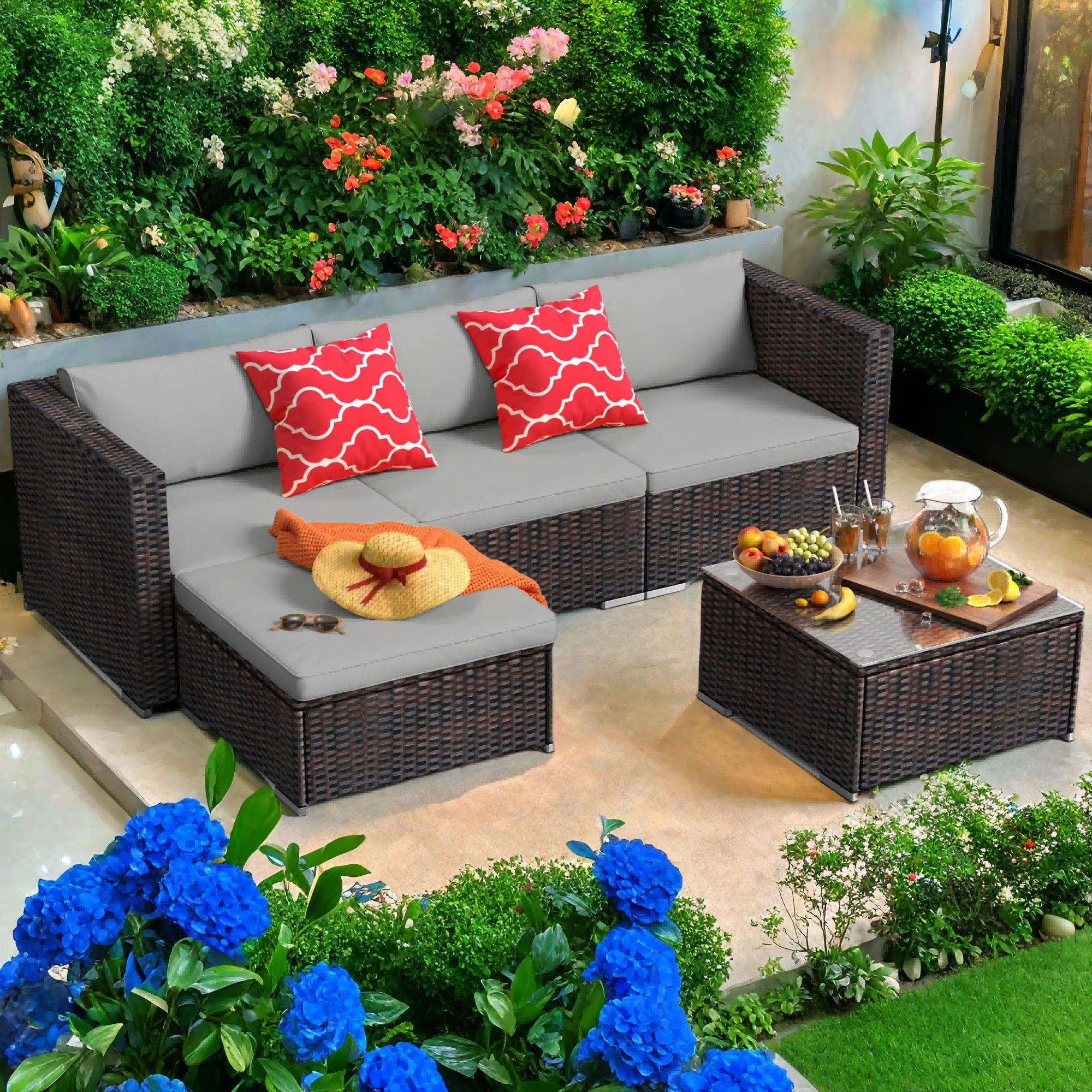 Jolifa 5-Piece Outdoor Wicker Patio Furniture Set with Tempered Glass Table and Cushions (Gray, 5-Piece Set) ihrvp