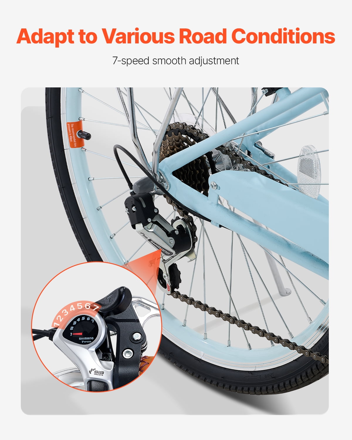 VEVOR 7-Speed Beach Cruiser Bike, 24-Inch Wheel Comfort Bicycle with Basket and Rear Rack (Light Blue, 24 in) f8yng