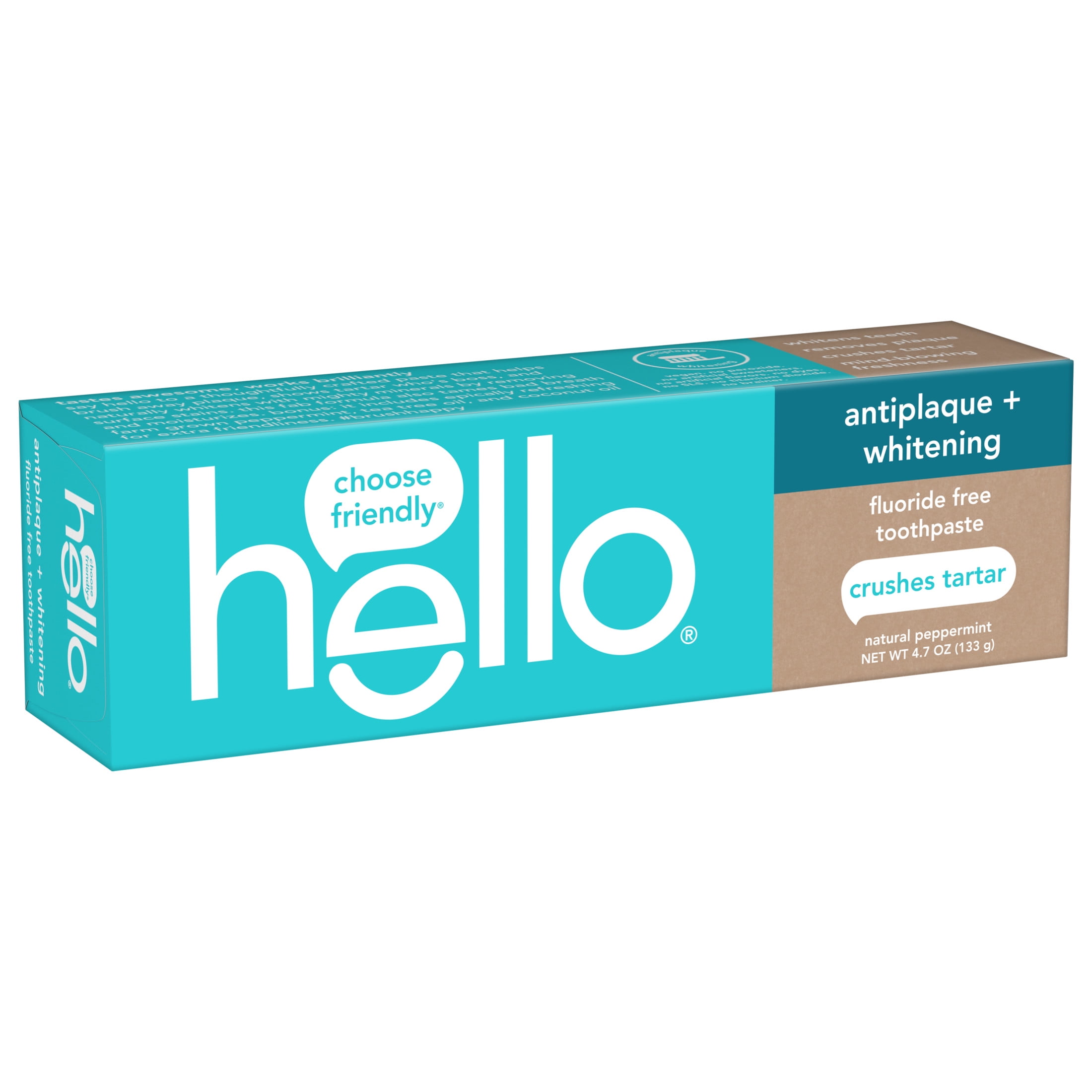 Hello Antiplaque and Whitening Fluoride Free Toothpaste, Natural Peppermint (4.7 oz) 70by1