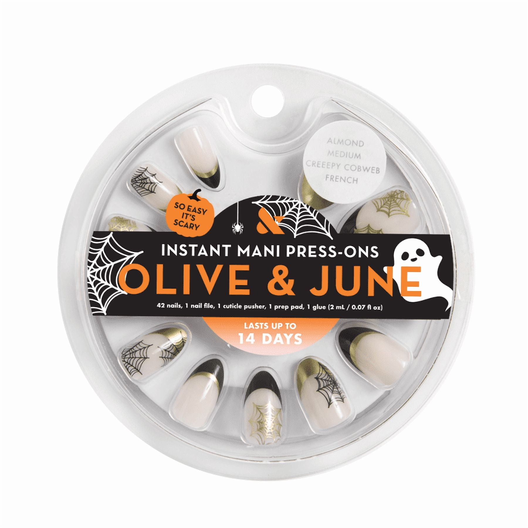 Olive & June Instant Mani Press-on Nails, Medium Almond Shape, Creepy Cobweb French (42 Pieces) 2kbck