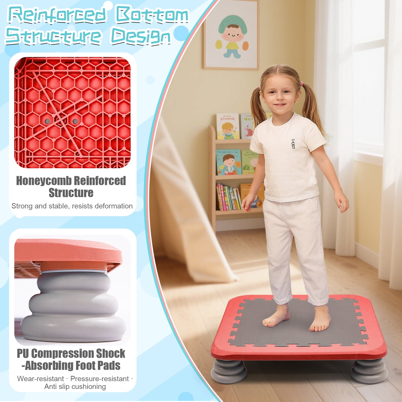 Wdmiya Kids Trampoline Bounce Board, Indoor Outdoor Sensory Balance Training Equipment (Red, 25 in) 5rehd