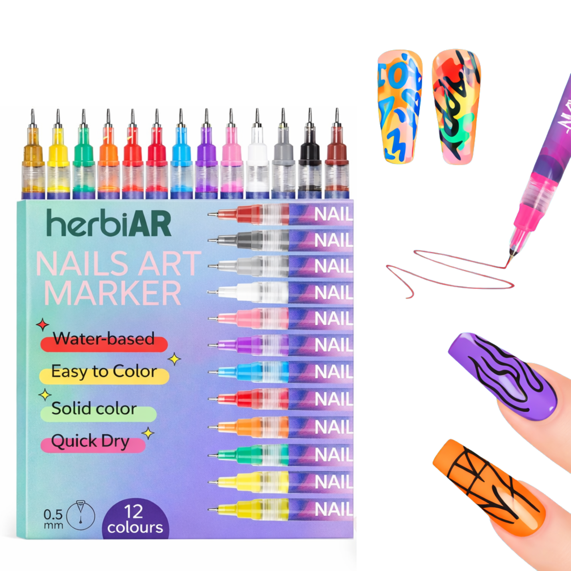 Herbiar 3D Nail Art Pen Set (12 Colors, 0.5mm Fine Tip) Waterproof DIY Manicure Design Markers k734u