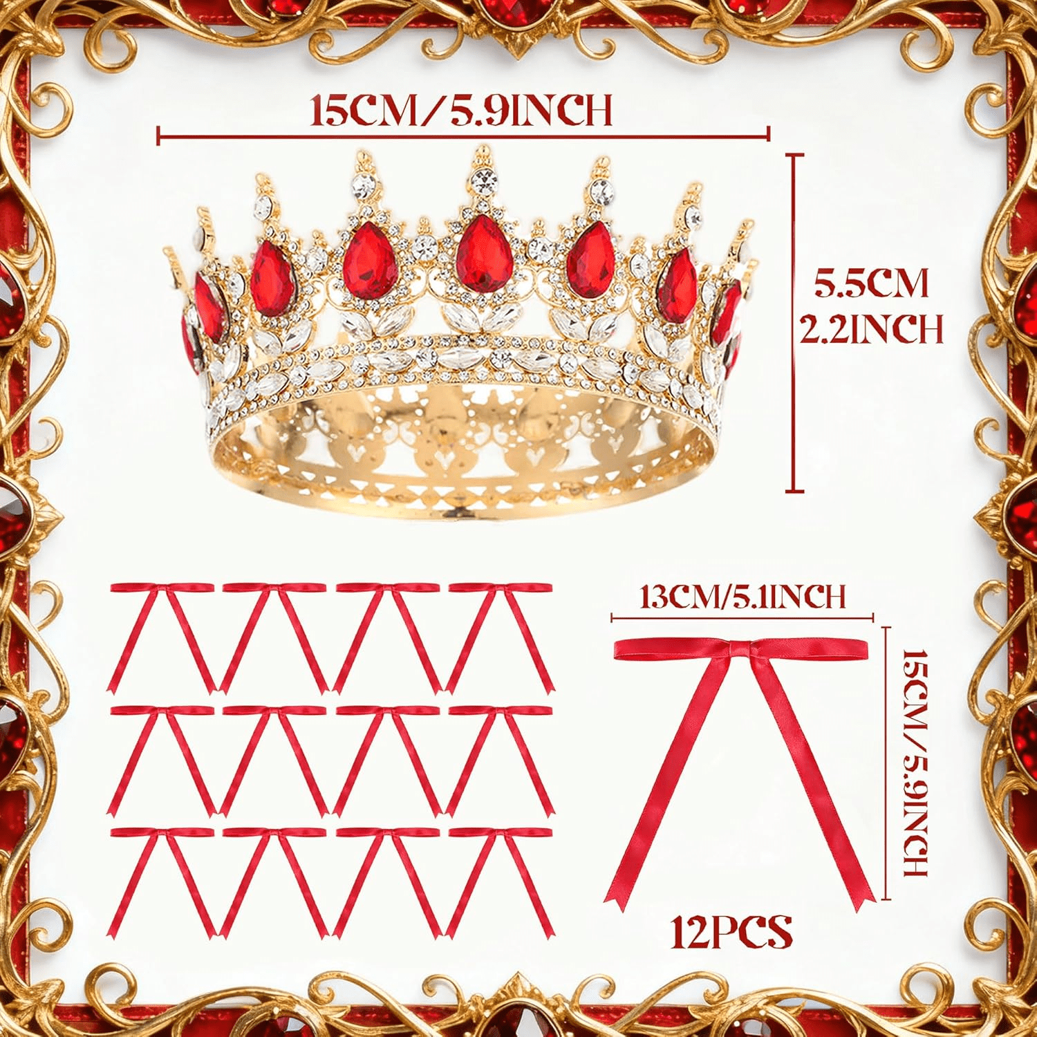 BACH AND BOUJEE Crown Cake Topper Set for Birthday Wedding Party (Red, 19-Piece) m0xhw