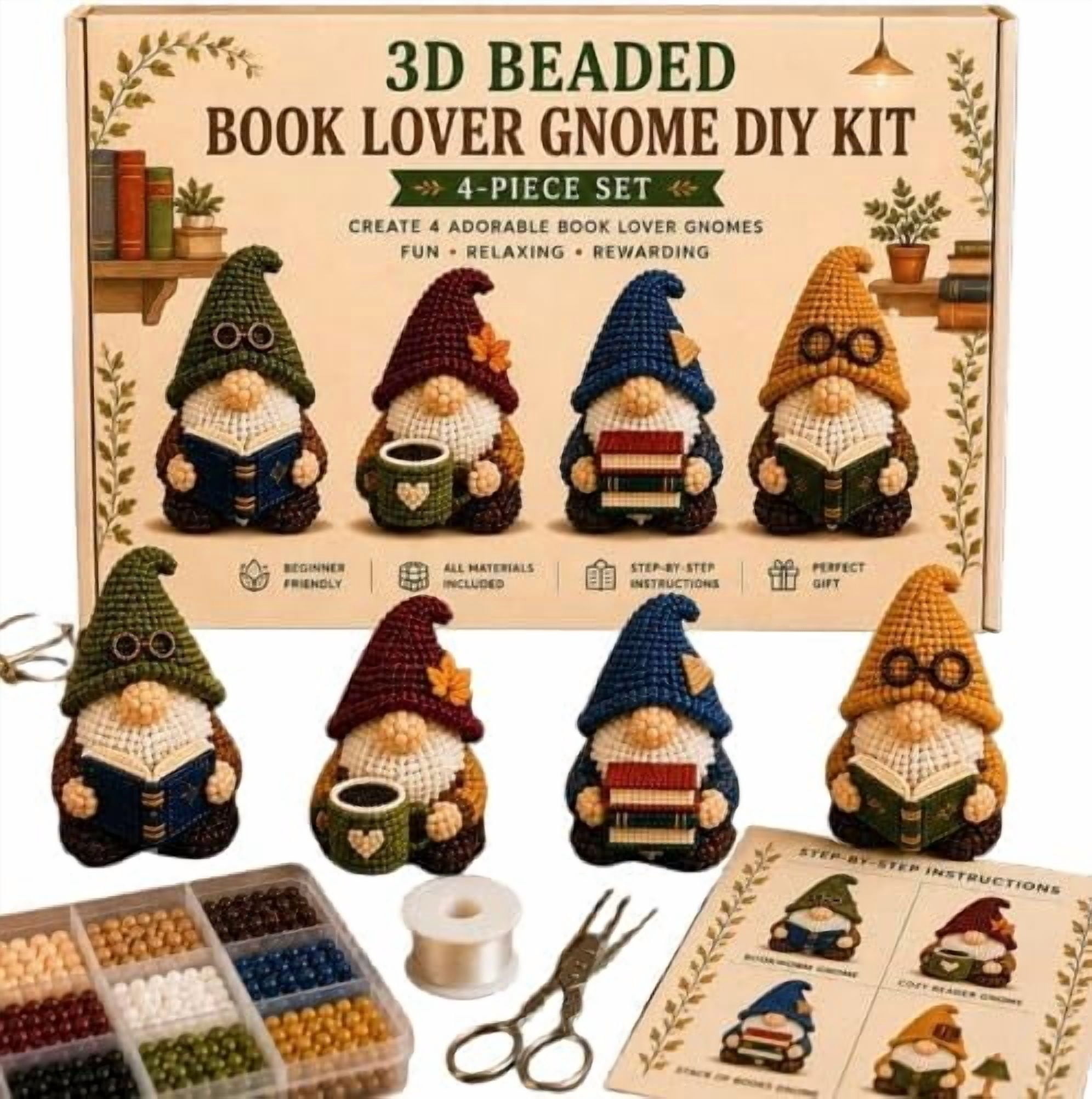 Jiapai Home 3D Beaded Gnome DIY Craft Kit, Beginner-Friendly Handmade Miniature Gnome Set (4-Piece Collection) 0gyuf