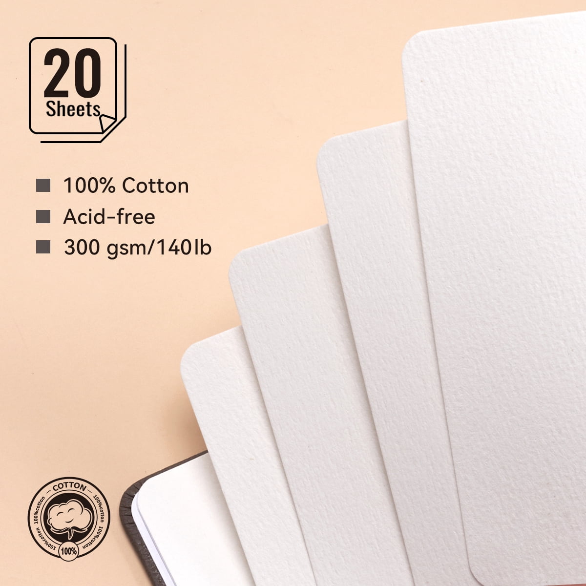 Lightwish Watercolor Sketchbook, 100% Cotton Cold Press 140lb Paper for Watercolor, Gouache, and Acrylics (Brown, 7.6 x 5.1 in, 20 Sheets) tx4kd
