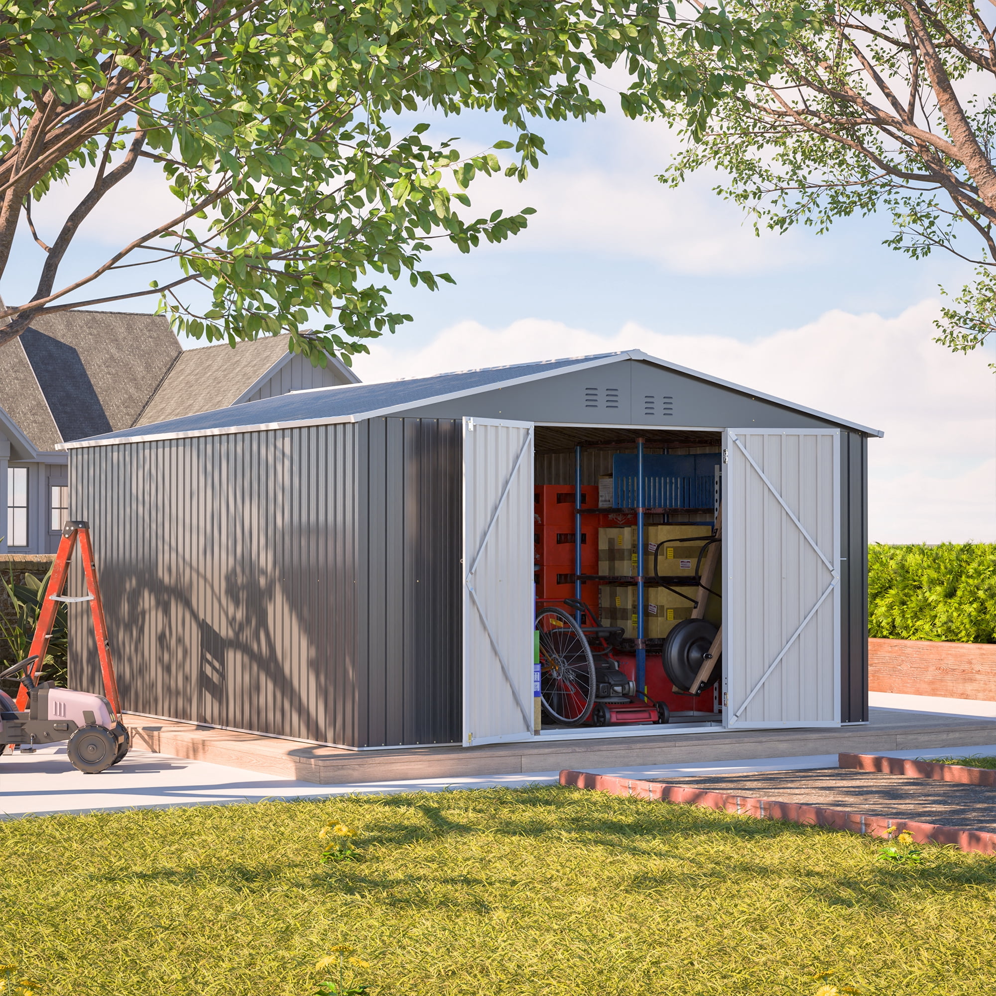 LZBEITEM Outdoor Storage Metal Shed, Galvanized Steel Garden Tool House with Floor Frame Kit and Lockable Doors (Gray, 11 x 13 ft) rda6a