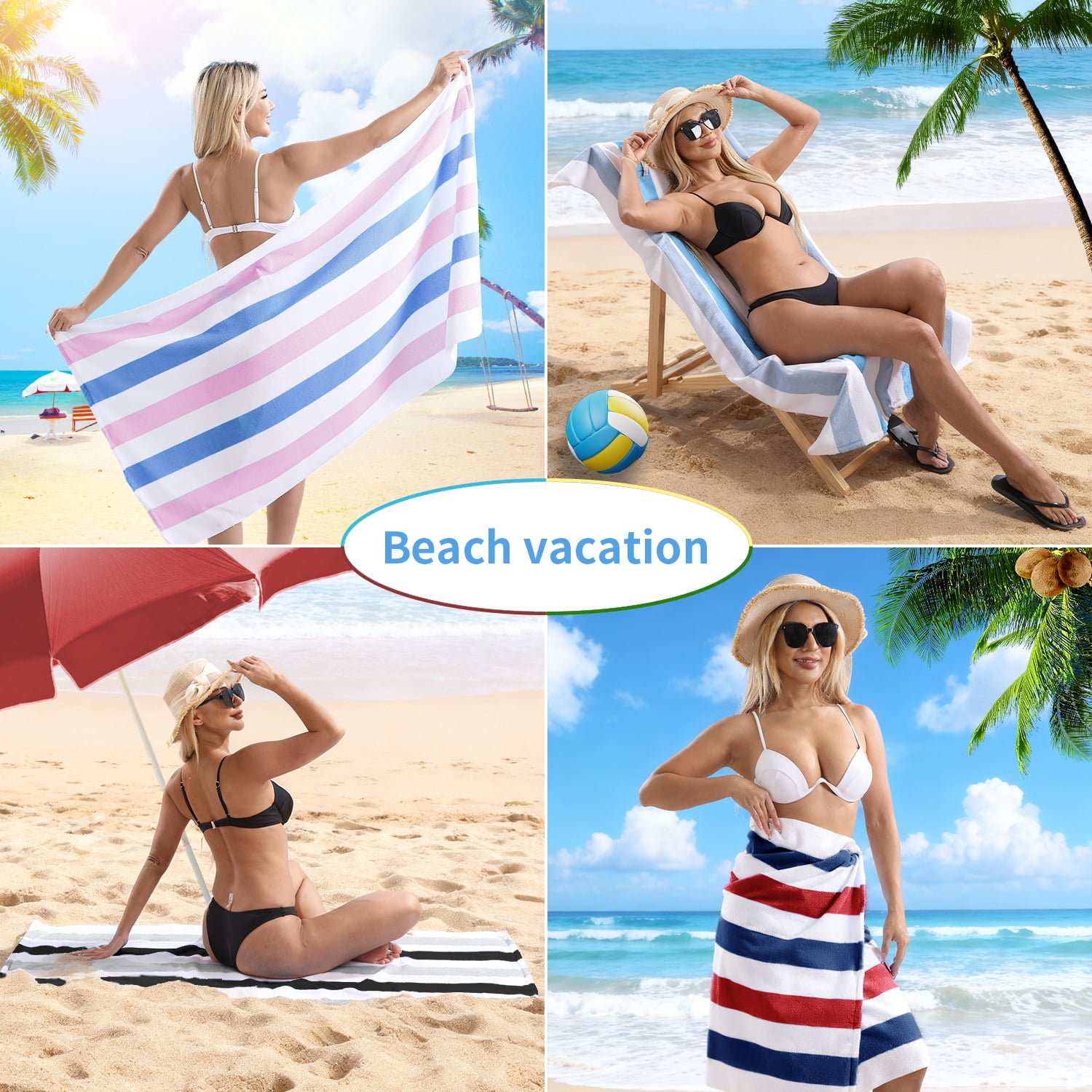 Jessy Home Stripe Beach Towel Set, Quick-dry Sand-resistant Soft Bath Towels (Black, 30 in x 60 in, 4 Pack) 66w41