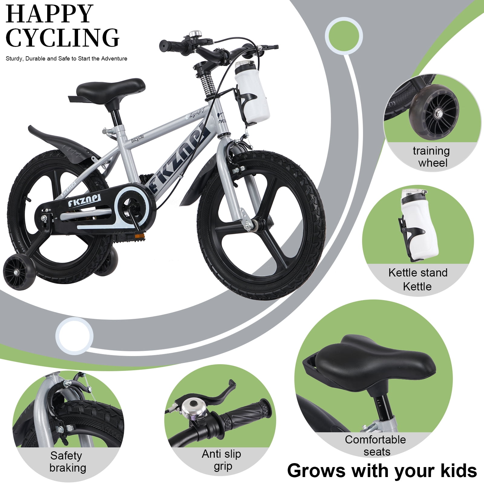 iYofe 16-inch Kids Bike with Training Wheels, Adjustable Seat, Durable Steel Frame for Boys and Girls (Gray, 16 in) pnf4l