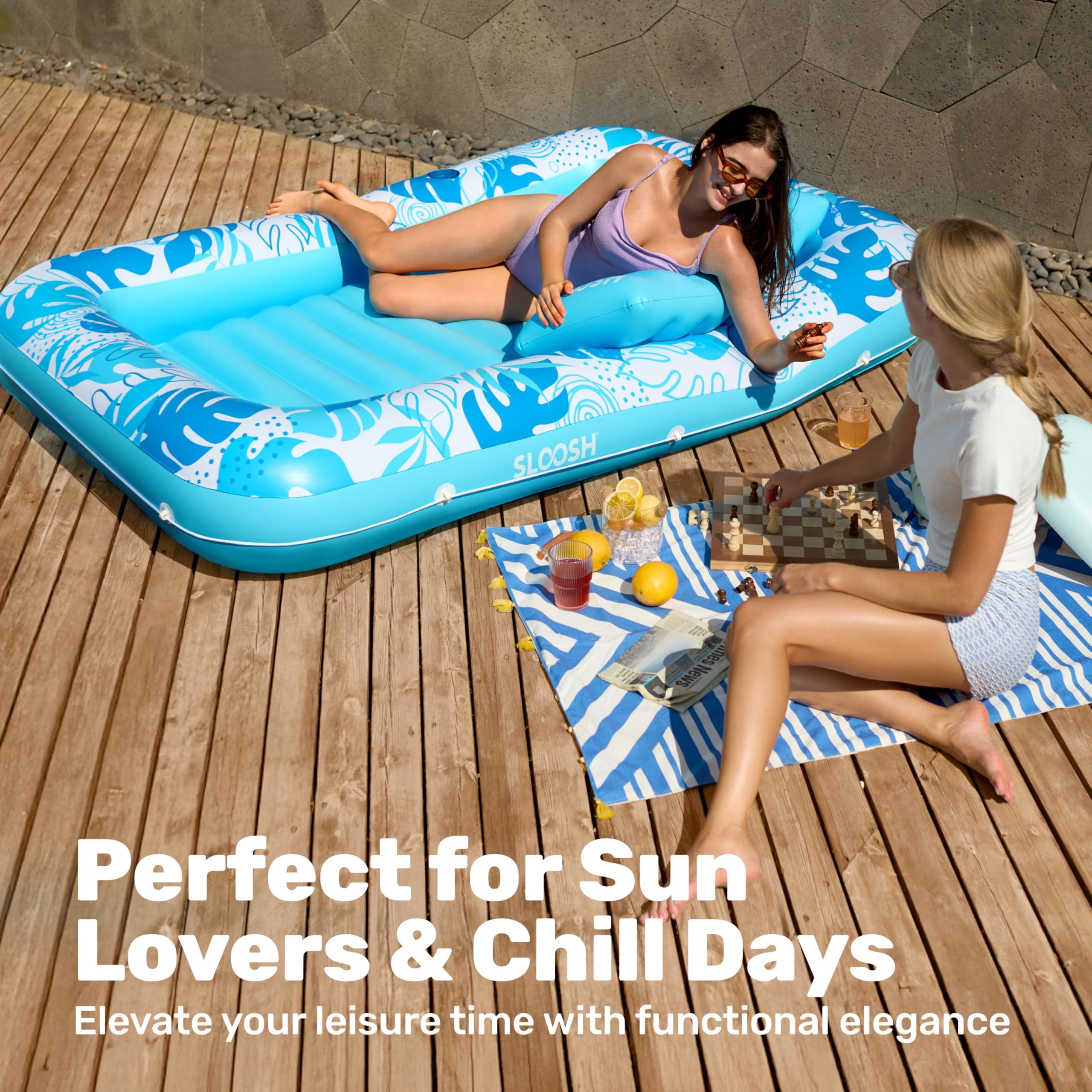 SLOOSH Inflatable Tanning Pool Lounger Float, Extra Large Suntan Bed for Adults (Blue, 85 in x 57 in) g1yek