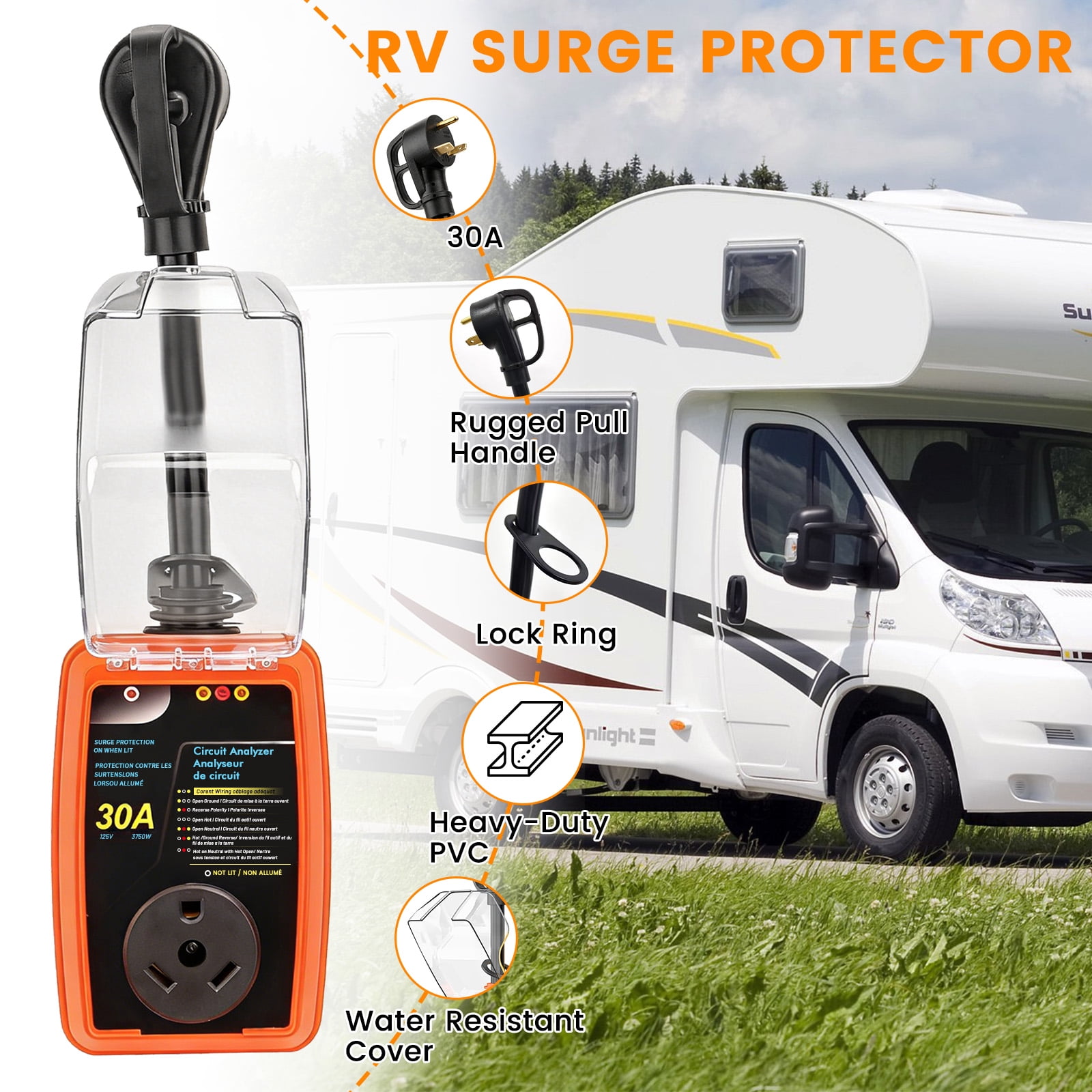 Aiqeek RV Surge Protector 30 Amp with Circuit Analyzer and Weatherproof Cover (30 Amp) ly5ro