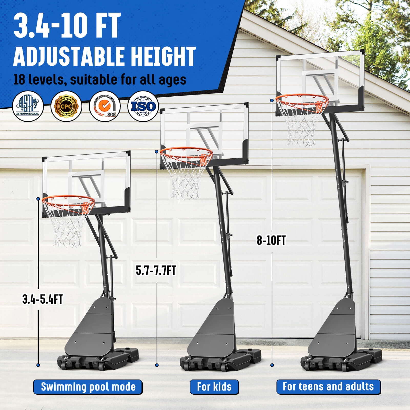 SERAY Adjustable Basketball Hoop System, Portable Basketball Goal with 40 in Shatterproof Backboard, Indoor/Outdoor Play (White, 3.4-10 ft) dvs1a