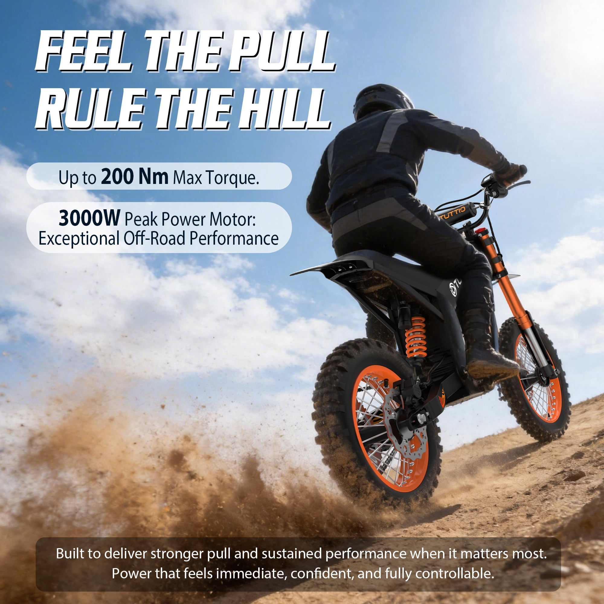 TUTTIO Soleil01 Adult Electric Dirt Bike, 3000W Motor, 45 Mile Range, Full Suspension (Black, 14 in x 12 in) eccs4