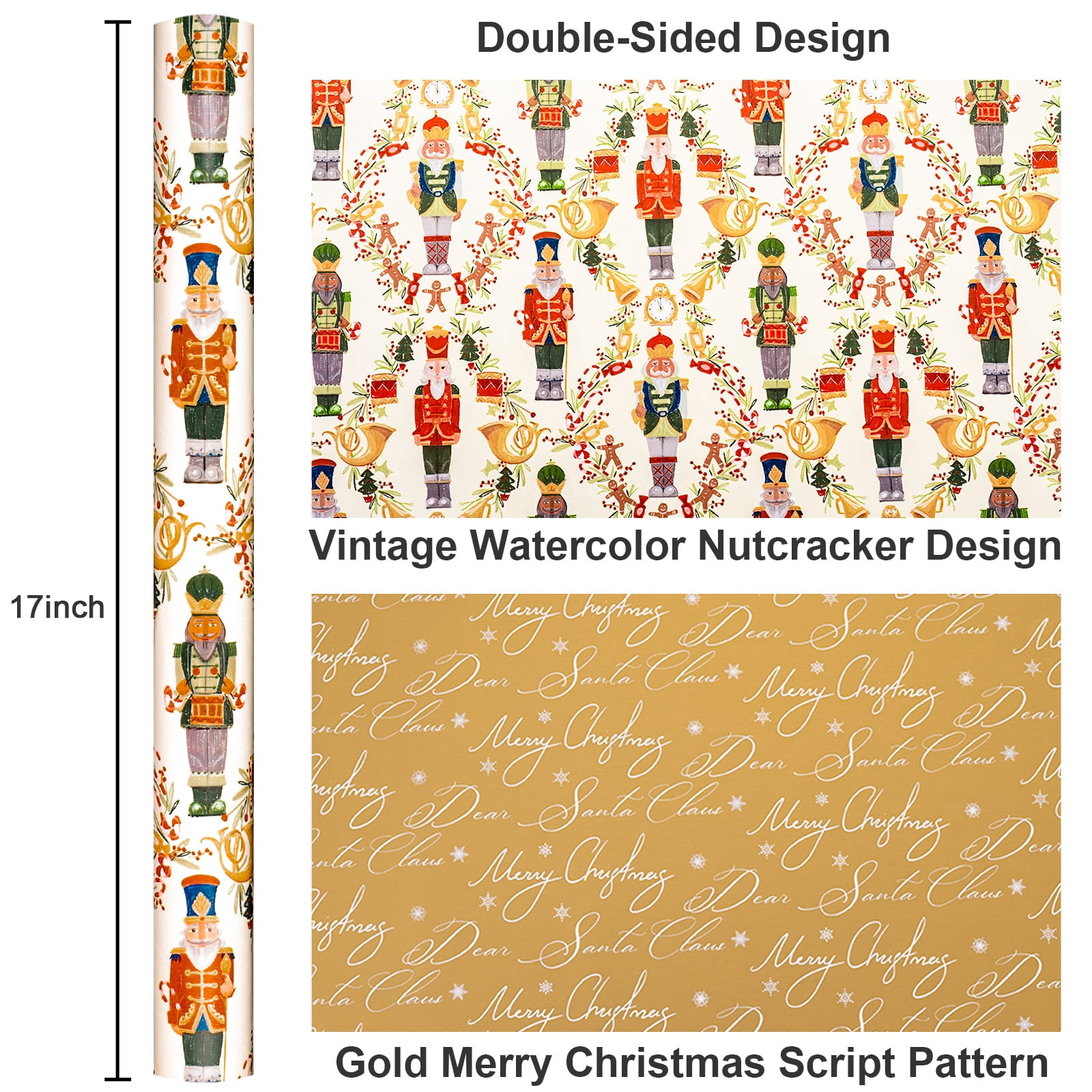 HOMERAL Christmas Wrapping Paper Roll, Nutcracker and Wreath Pattern Gift Wrap (Gold, 17 in x 33 ft) rxeff