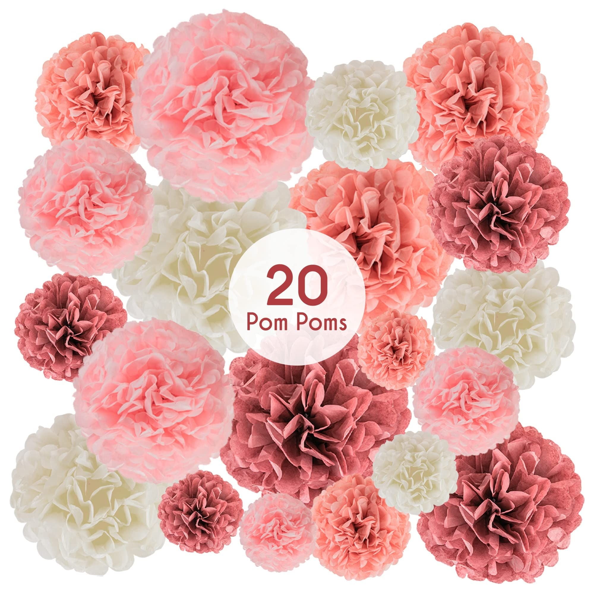 EpiqueOne Tissue Paper Pom Poms Party Decorations (Blush Pink, Dusty Rose, Mauve, Cream, 20 Piece Set, 6 in to 14 in) 5o88w