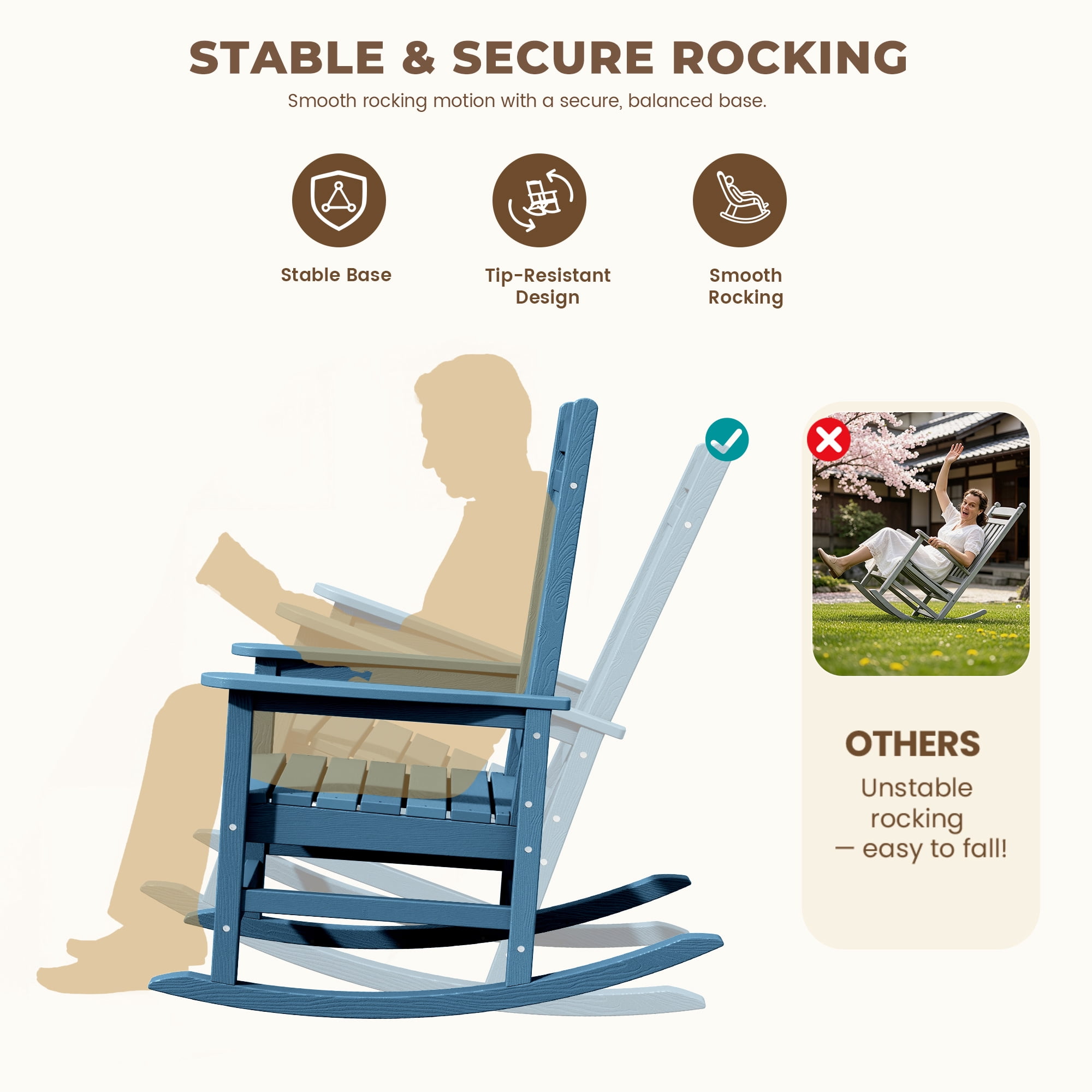 SERWALL Oversized Outdoor Rocking Chair, All-Weather HDPE Patio Rocker for Porch and Garden (Navy, 35 in D x 26.9 in W x 41.3 in H) b1i70