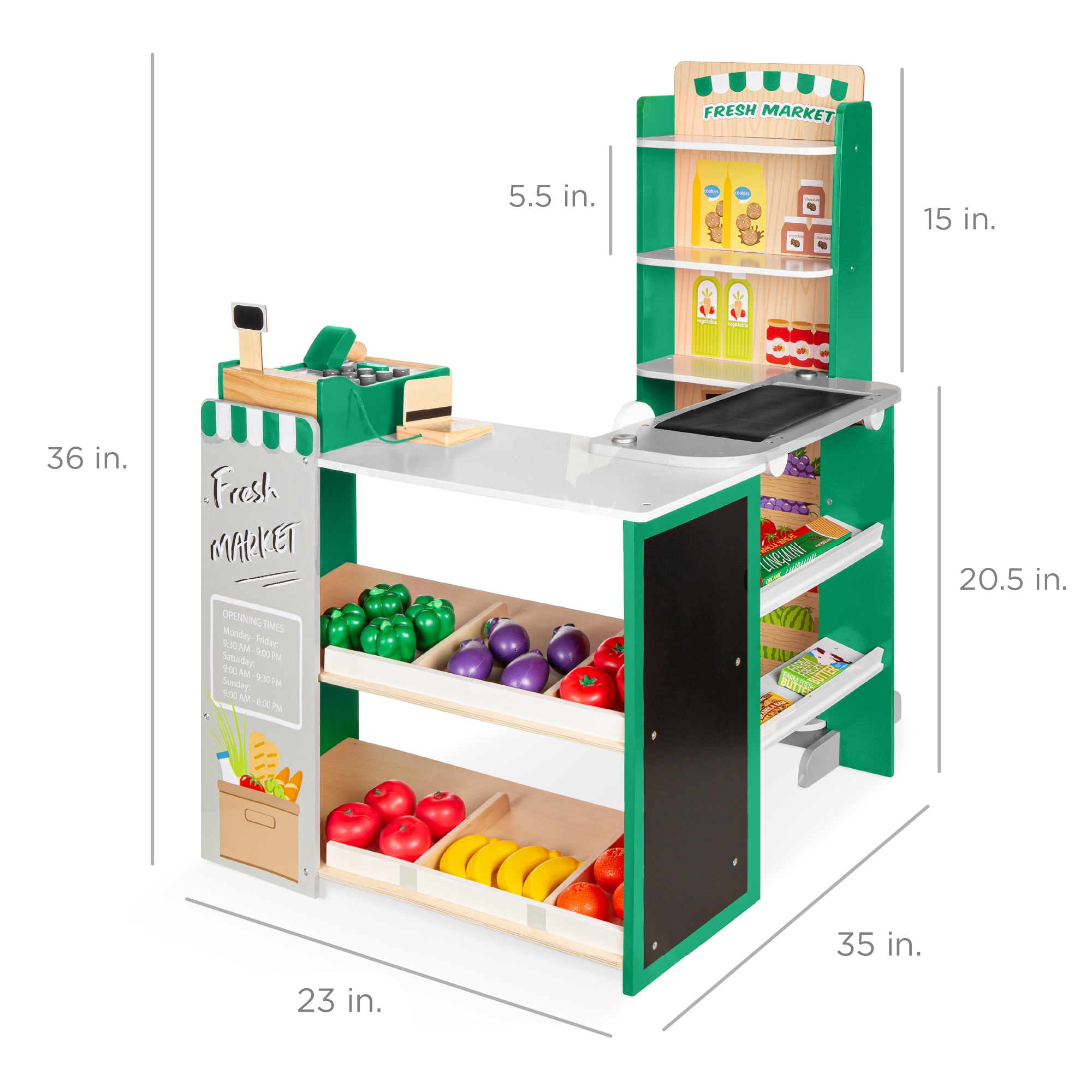 Best Choice Products Kids Pretend Play Grocery Store Wooden Supermarket Set with Chalkboard and Cash Register (Green, 35 in x 23 in x 36 in) plnd3