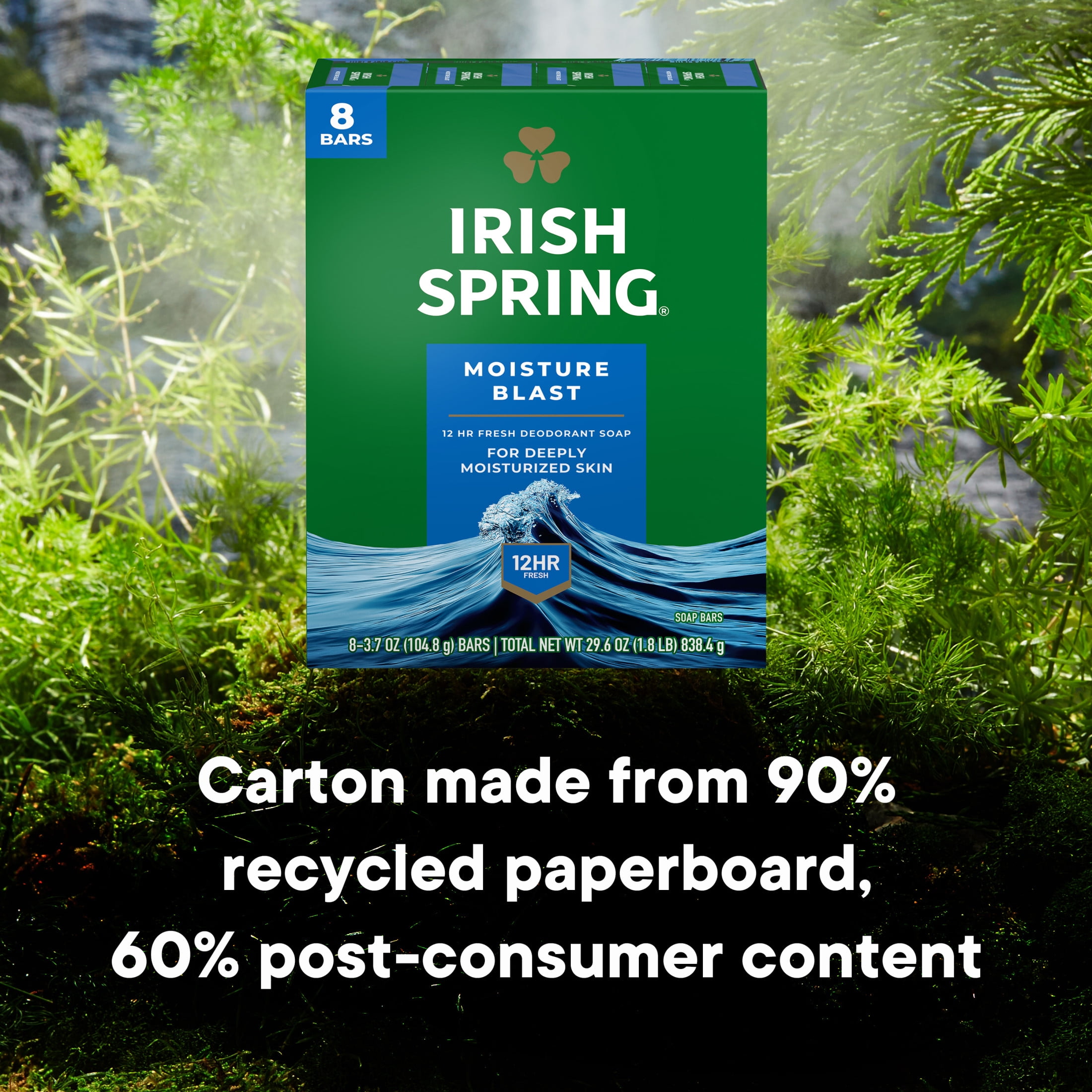 Irish Spring Moisture Blast Deodorant Bar Soap for Men (Fresh Scent, 8 Pack, 3.7 oz Bars) 28wgi