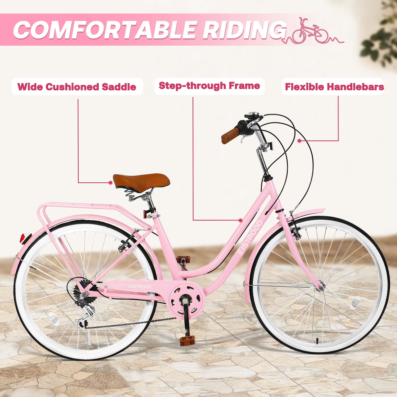 Gaonala 26 Inch Beach Cruiser Bike for Women, Comfort Saddle with Basket (Pink, 26 in) m80j2