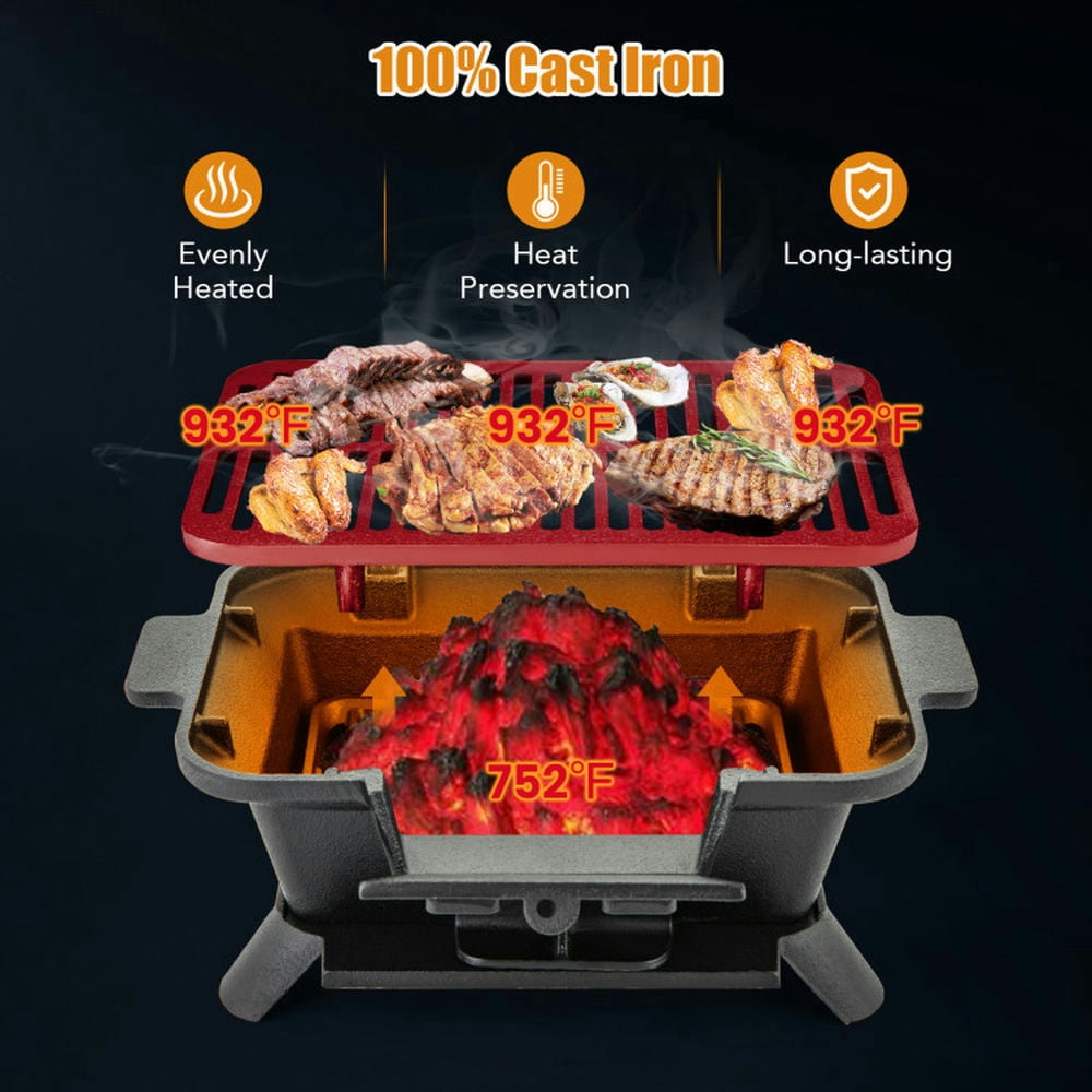 Topcobe Cast Iron Hibachi Charcoal Grill with Grate Lifter (Black, 16 in x 11 in x 7 in) z6qta