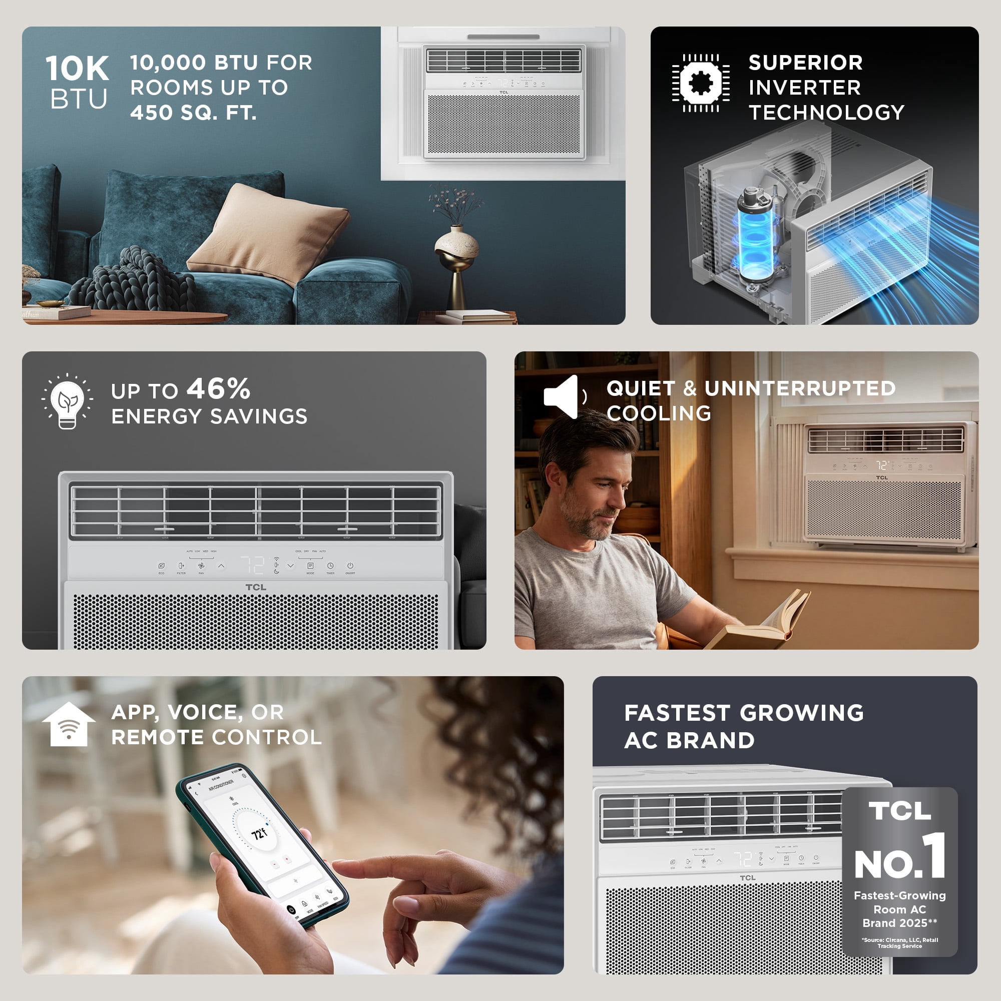 TCL 10,000 BTU Smart Inverter Window Air Conditioner, Quiet Cooling for 450 Sq ft Rooms (White, 10,000 BTU) jbyik
