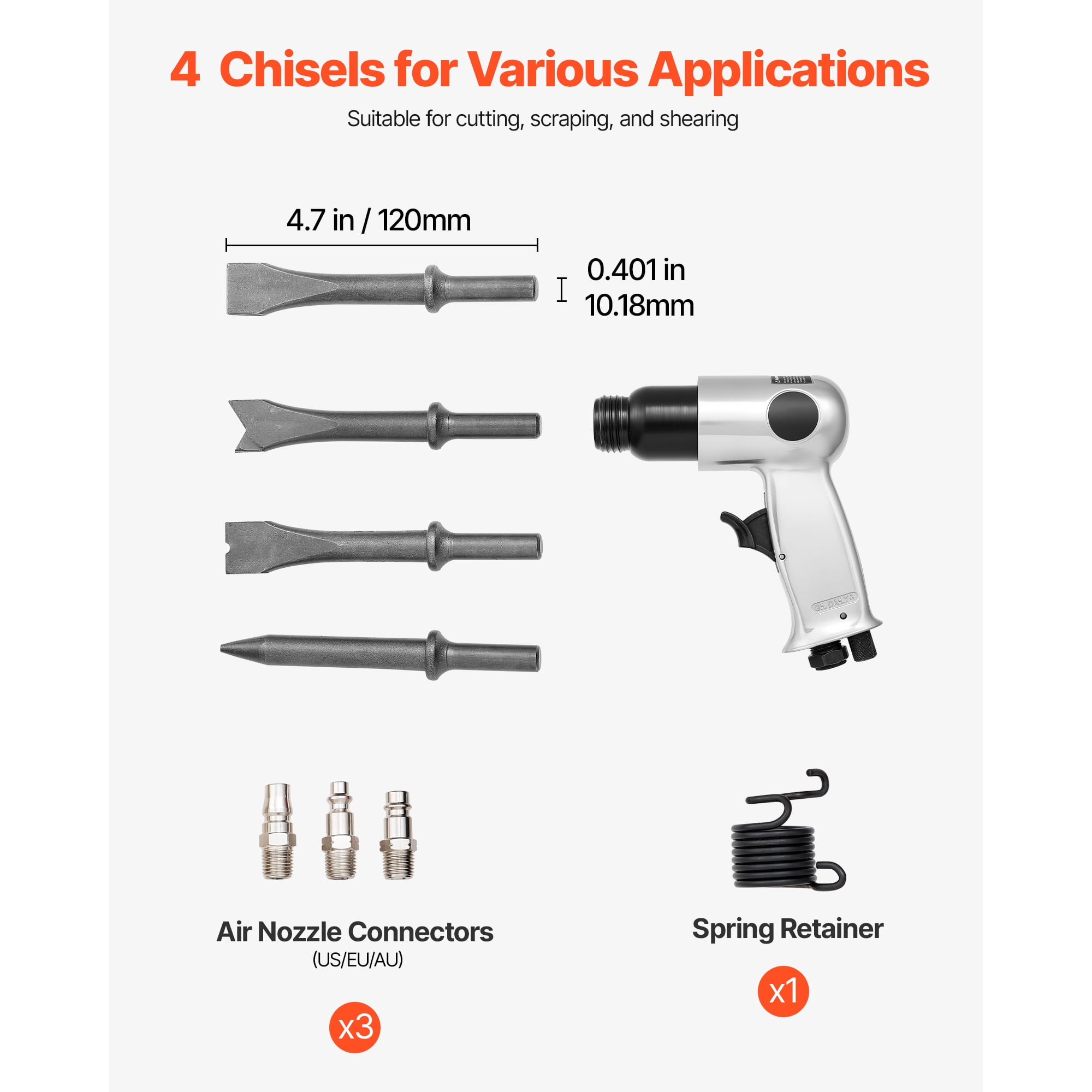 KFFKFF Pneumatic Air Hammer, 4500 BPM Heavy-Duty Air Chisel Tool with 1.57-inch Stroke and 4 Chisels (Silver) nzsow