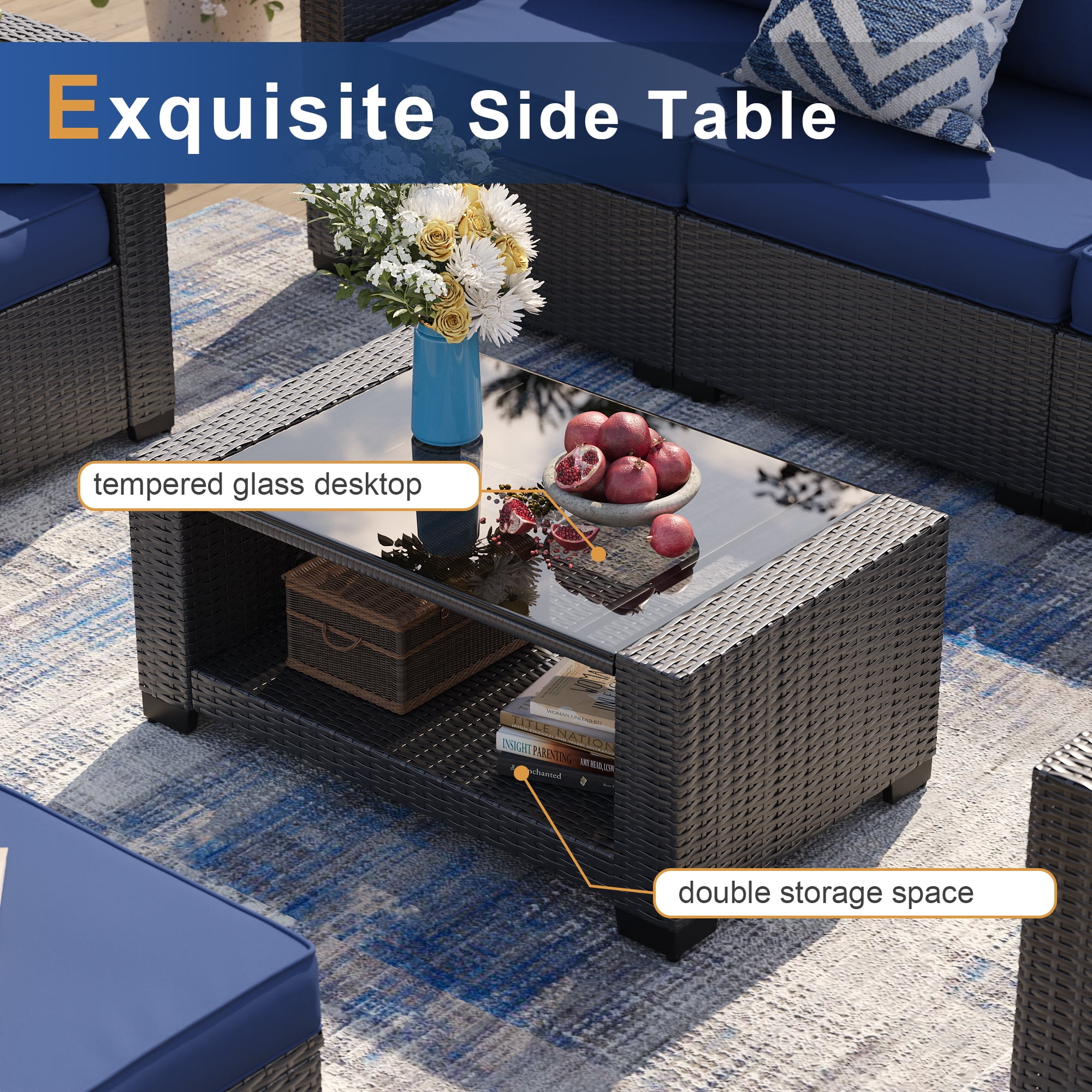 Gasee 7-Piece Outdoor Patio Furniture Set, Rattan Sectional Sofa with Coffee Table (Navy Blue, 7 Pieces) kw1mu