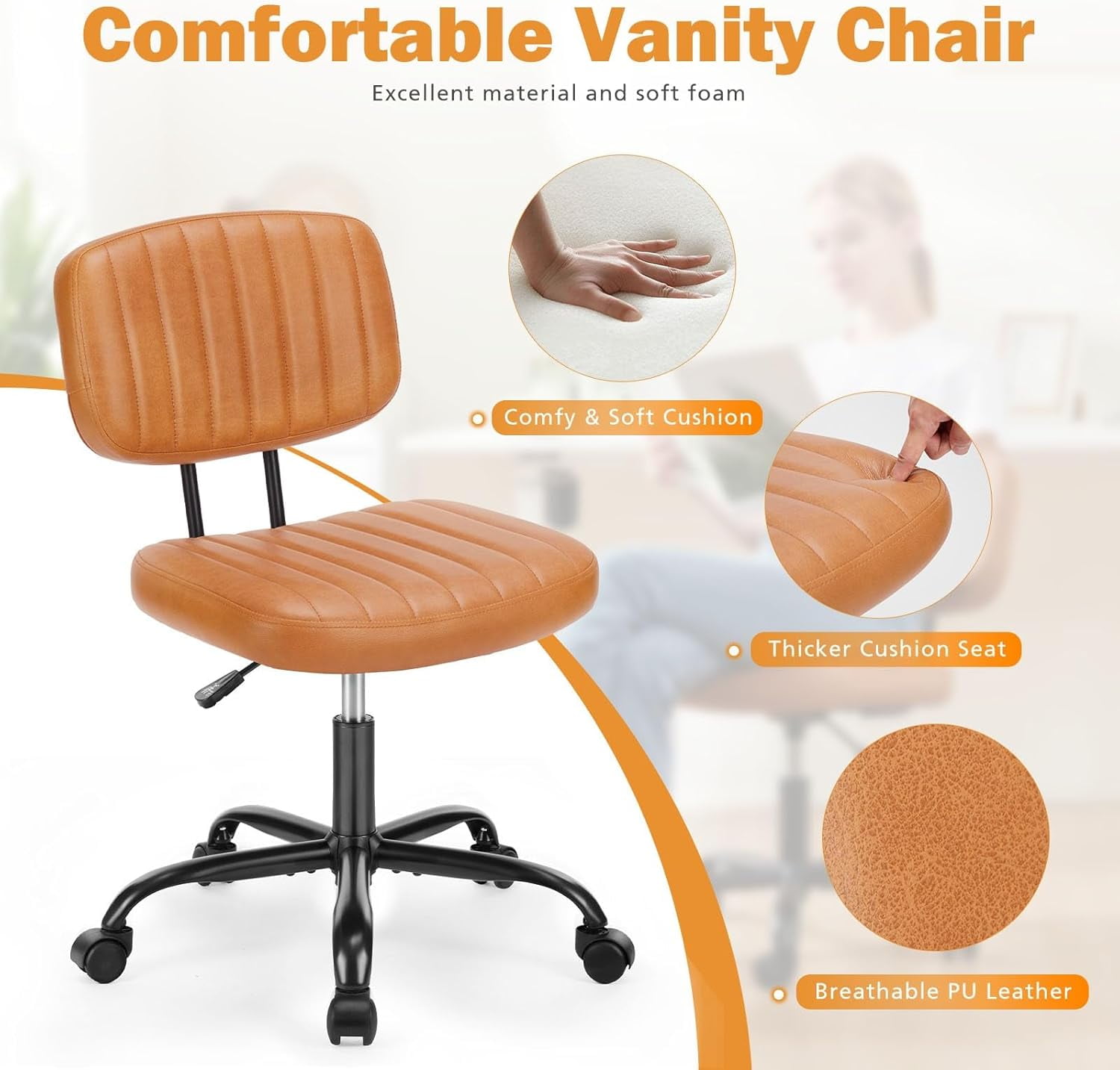 TINKLE WELL Ergonomic Armless Office Task Chair, Rolling Vanity Desk Chair with Swivel and Adjustable Height (Brown, 24.21 in x 16.33 in x 34.25 in) s16vc