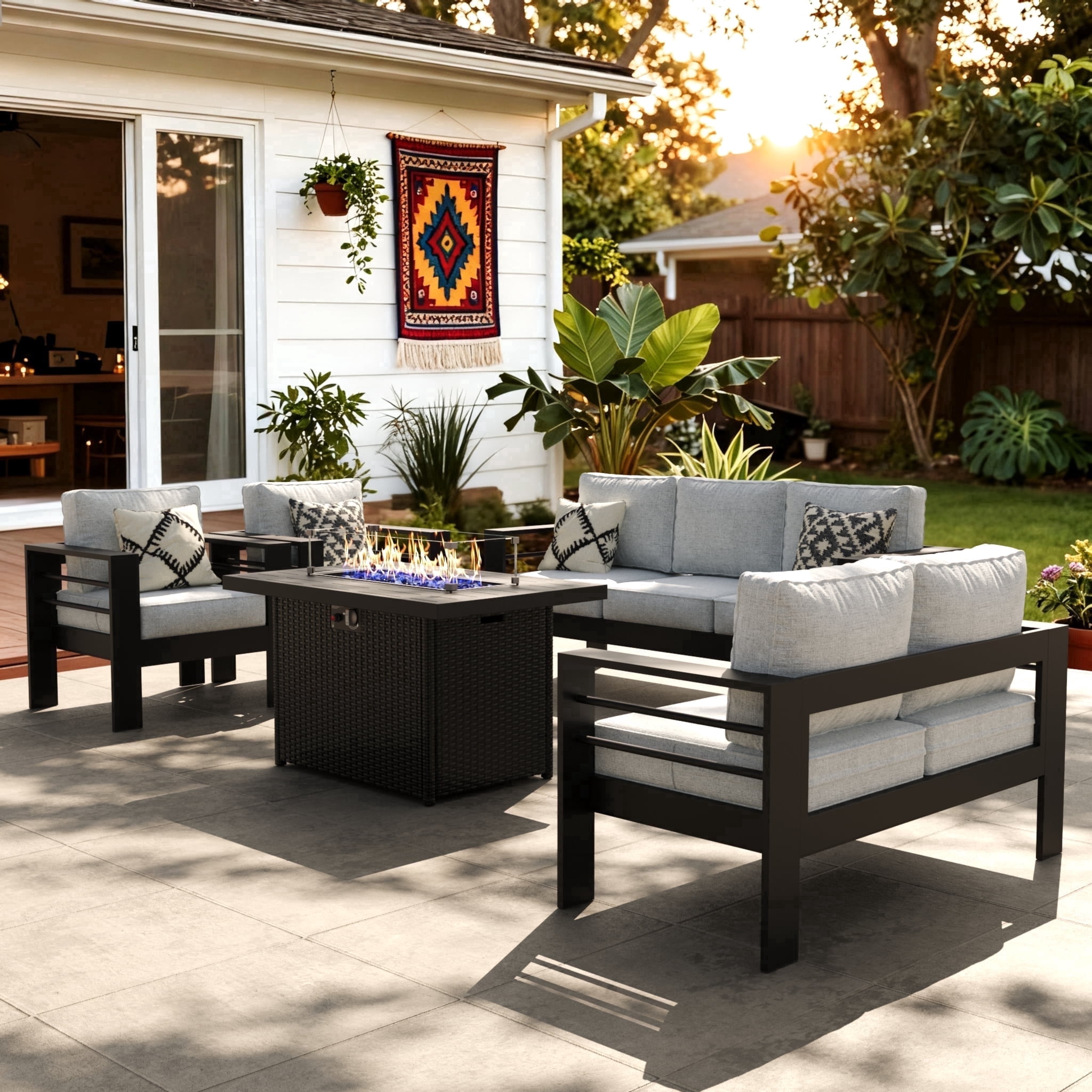 LayinSun 5-Piece Patio Sectional Conversation Set with Fire Pit Table (Black, 5 Pieces) deojc