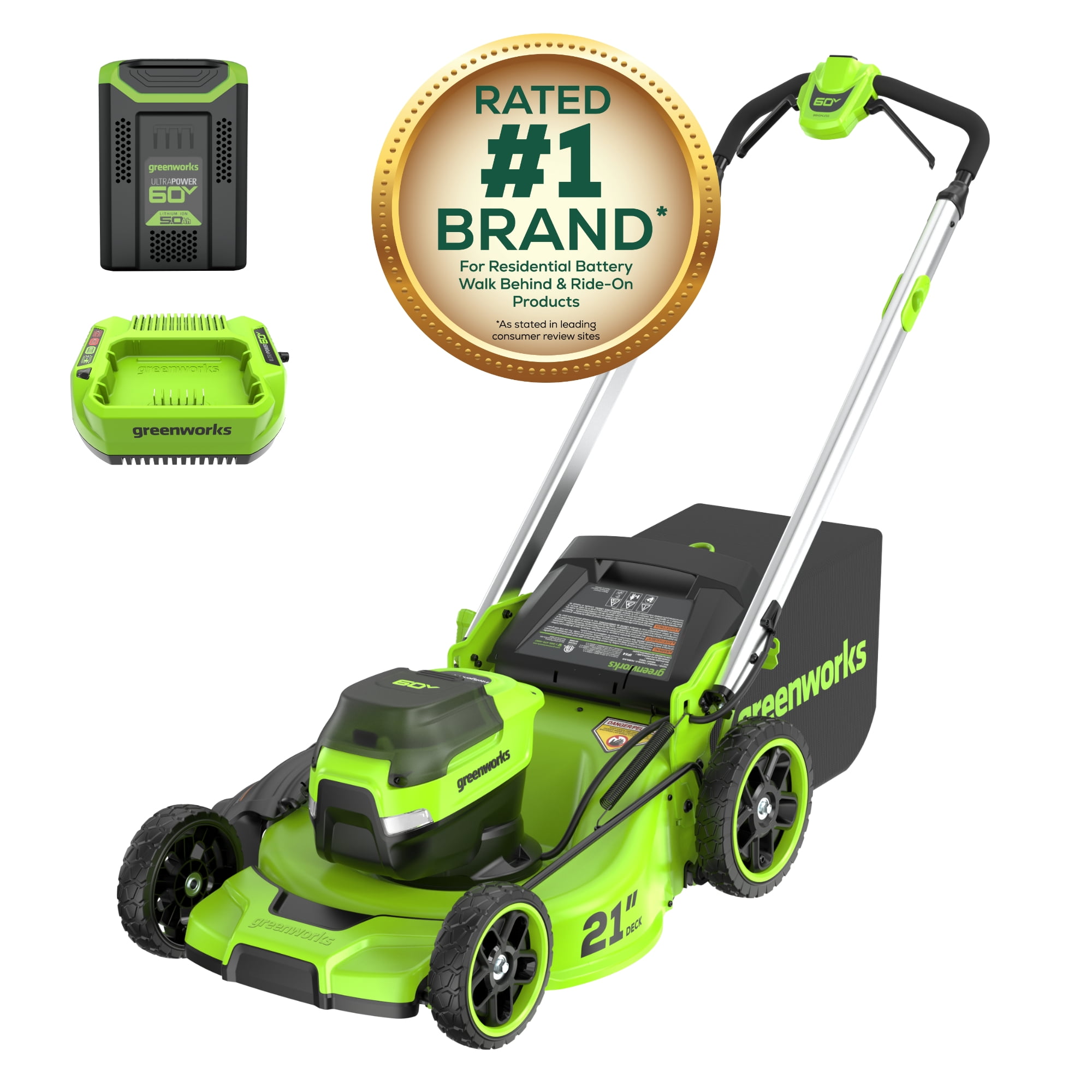 Greenworks 60V 21 in. Cordless Push Lawn Mower with 5.0 Ah Battery and Charger (Black, 21 in.) 2m0d8
