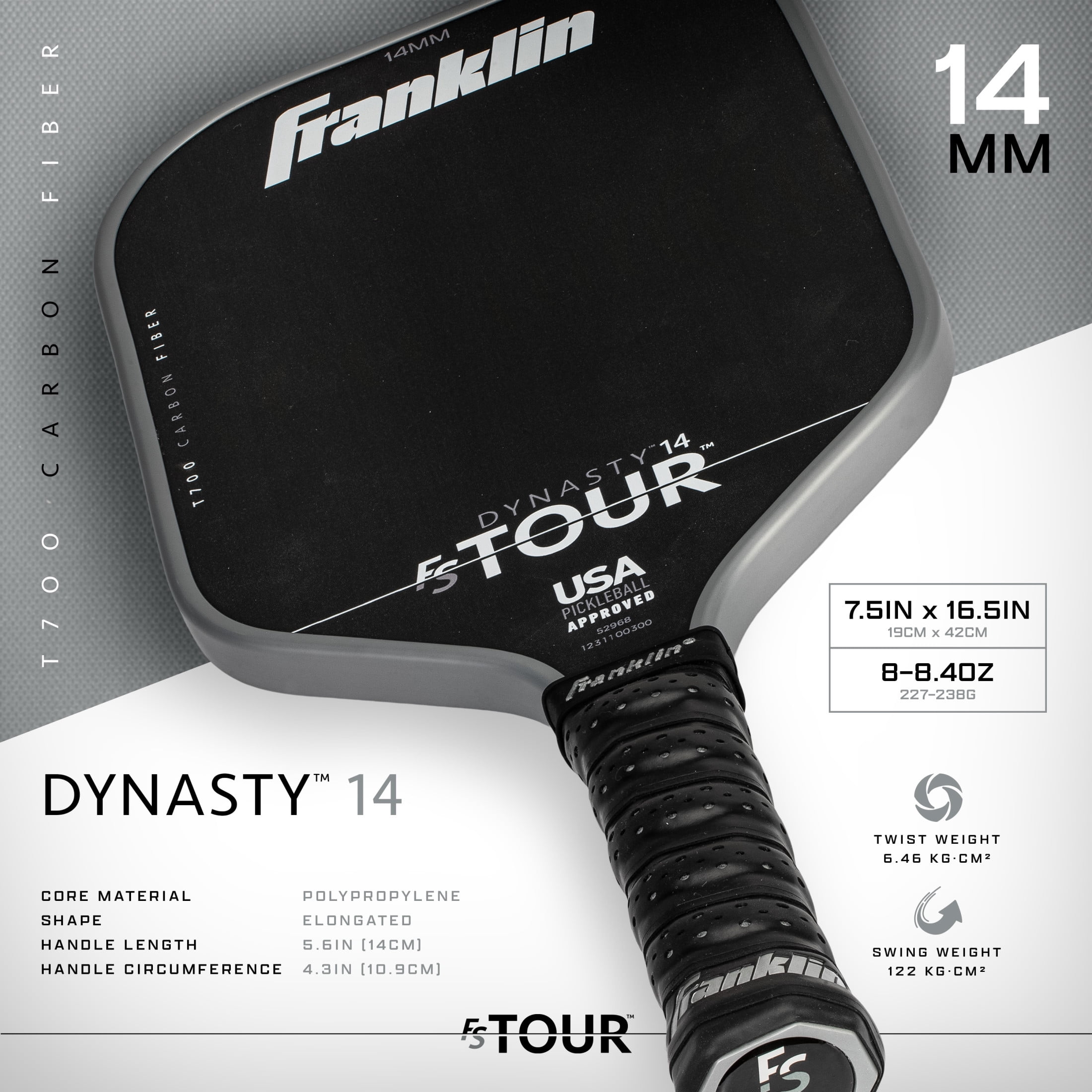 Franklin Sports FS Tour Series Pickleball Paddle - Carbon Fiber Surface - Pro Player Performance (Gray, 8.2 oz) v16dq