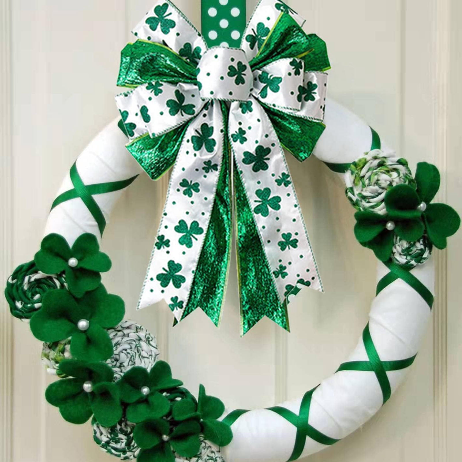 Dserhfy St. Patrick's Day Shamrock Bow Large Glitter Ribbon Decor for Wreath and Tree Topper (White and Green, 17.8 in x 11.5 in) tldru