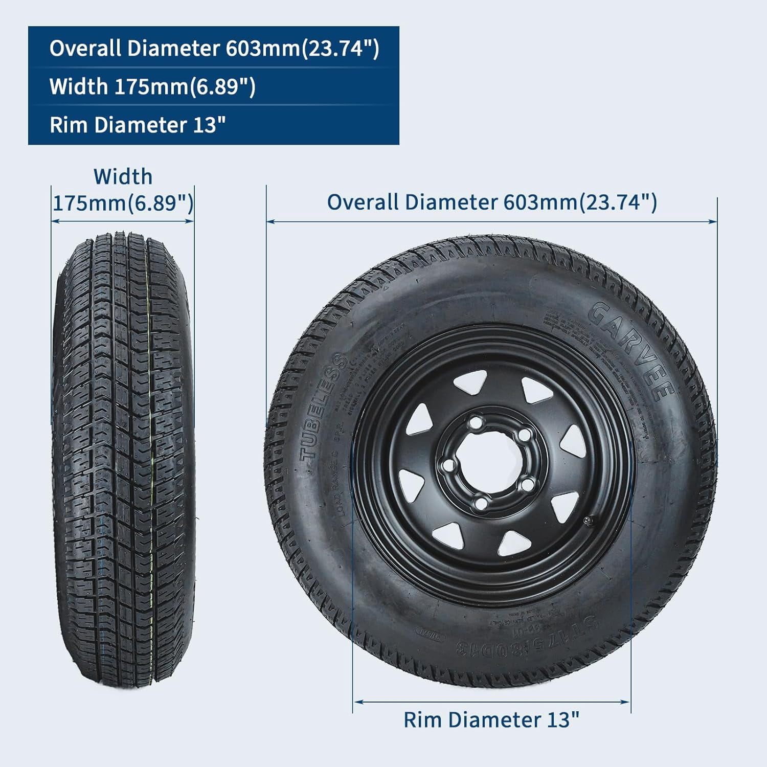 Historyli ST175/80D13 Trailer Tires and Rims (2-Pack, 6PR Load Range C, 5 Lug 4.5 in Bolt Pattern, Black) 1t7gf