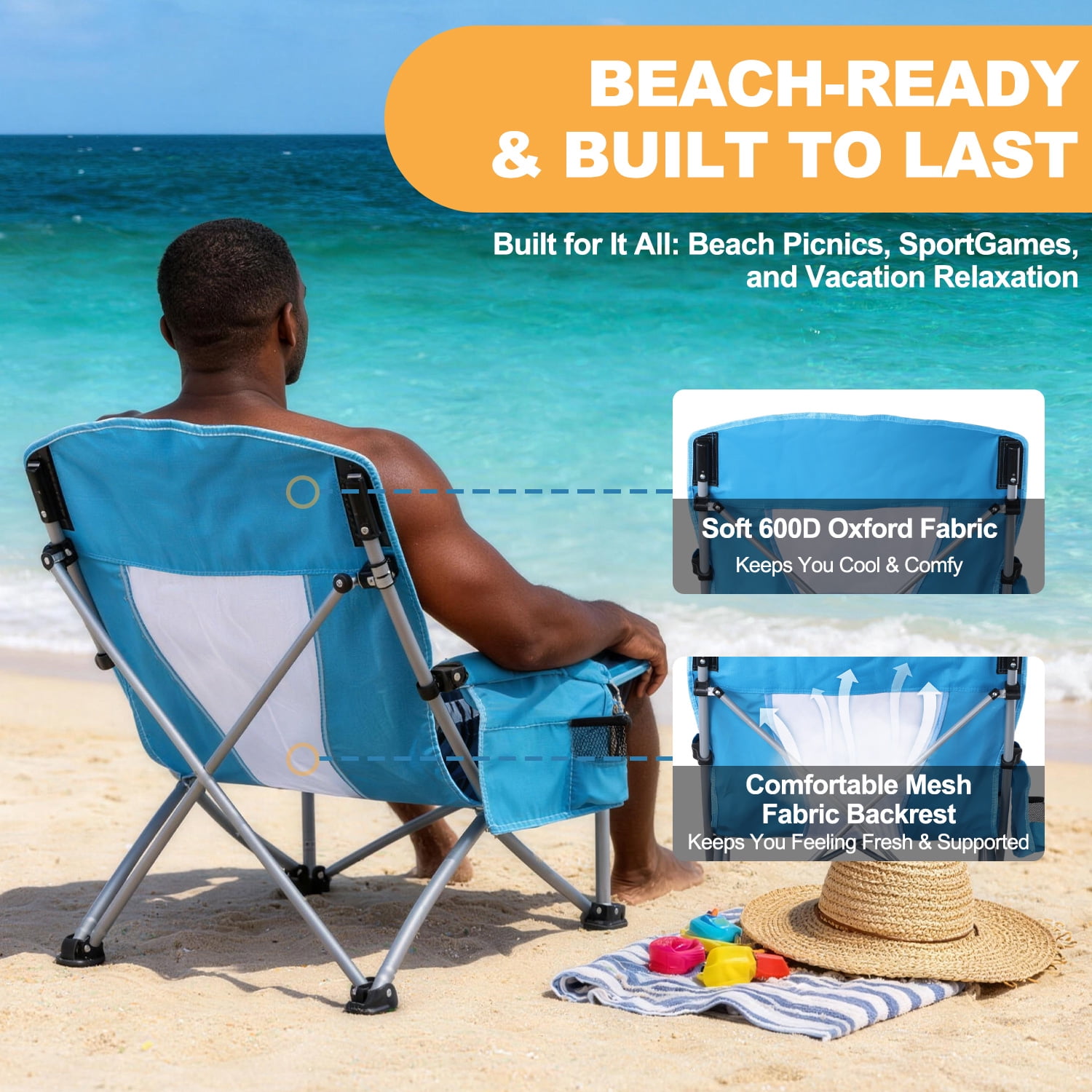 Coliware Folding Low Beach Chair, Portable Camping Chair with Side Cup Holder & Storage, Heavy Duty Outdoor Seat (Blue, 2-Pack) 3nugm