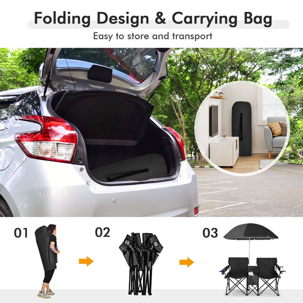 Kadyn Double Folding Camping Chair with Umbrella, Portable Outdoor Picnic Loveseat with Cooler Bag (Black, 2-Seat) vqnre