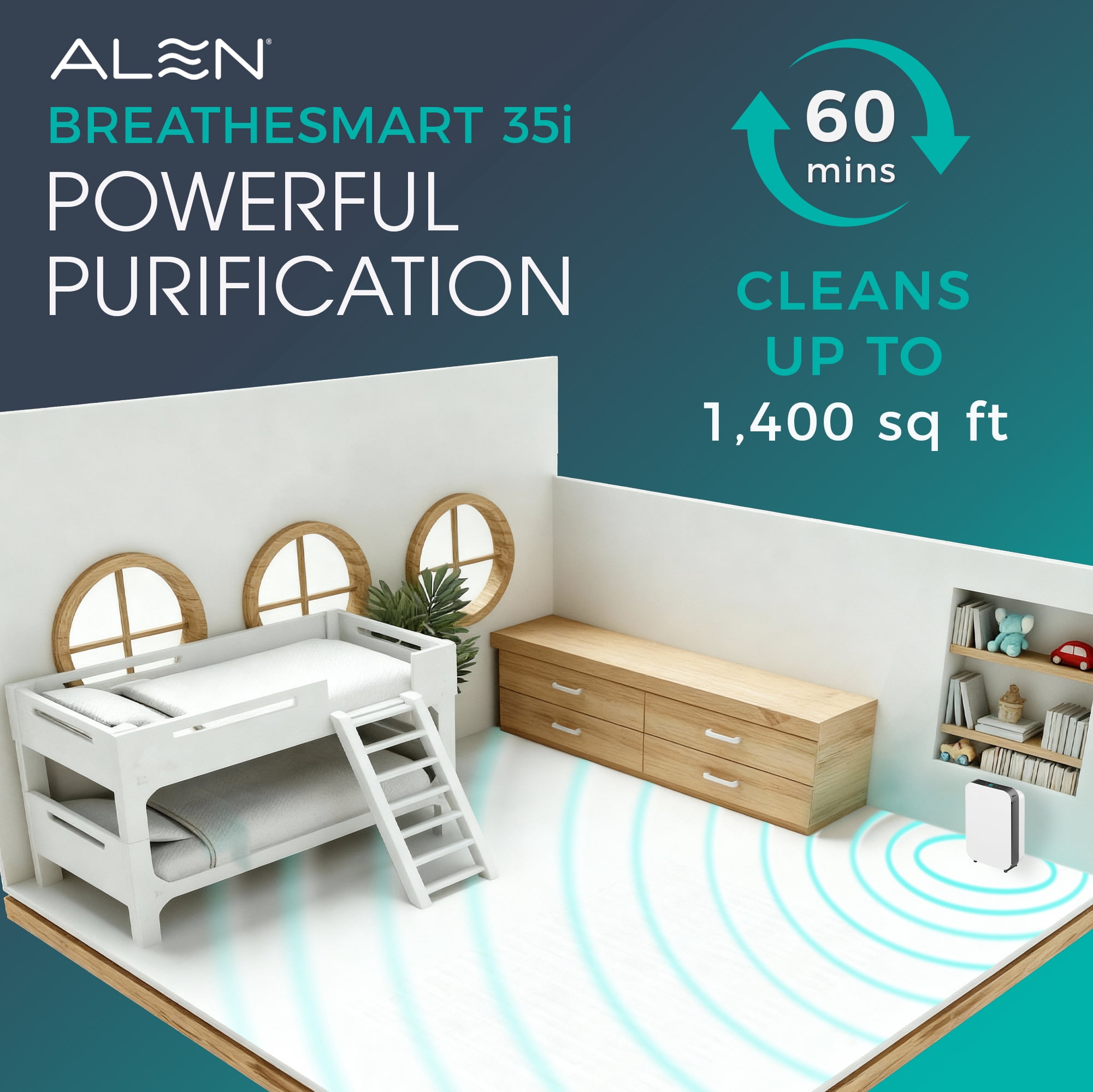Alen BreatheSmart 35i HEPA Air Purifier for Home with Pure Filter (White, 1000 sq. ft. Coverage) pye7y