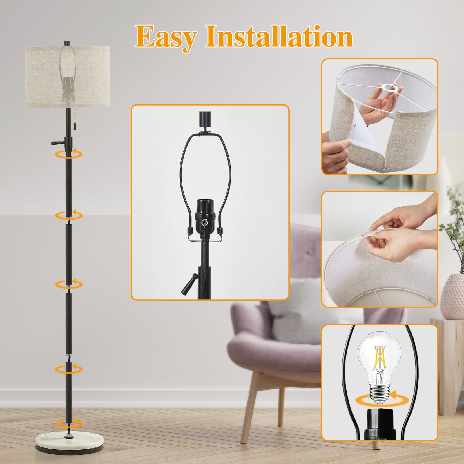 NATYSWAN Modern Marble Floor Lamp, Adjustable Height Standing Lamp with Pull Chain Switch (Black, 64 in) fhr71