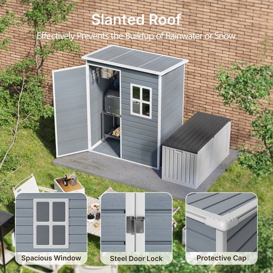 Aiho Outdoor Plastic Storage Shed with Window, Weather-Resistant Garden Tool House (Light Gray, 5 ft x 3 ft) fm7c3