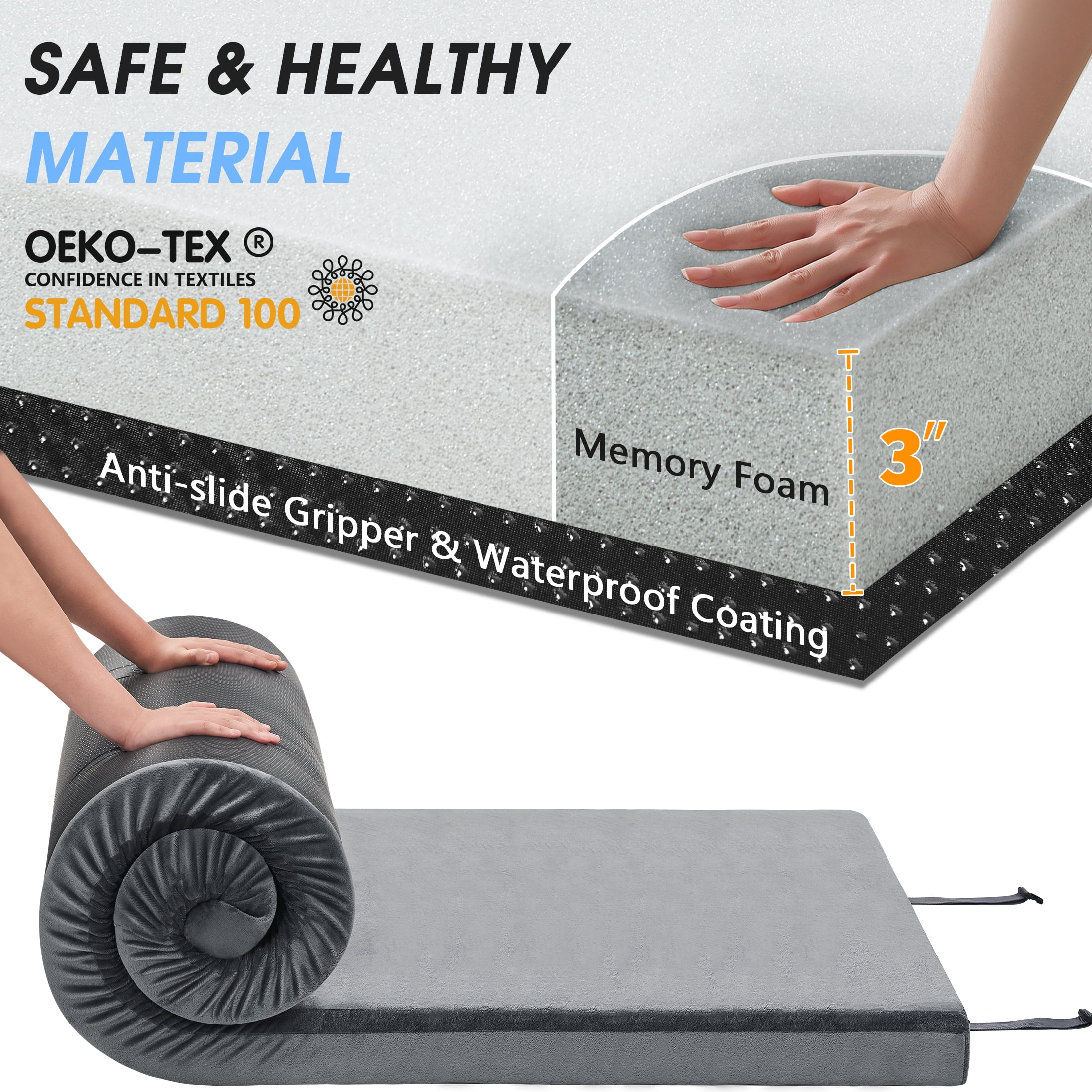 Teler CertiPUR-US Memory Foam Camping Mattress Pad, Portable Roll-Up Sleeping Mat for Tent, Car, and SUV (3 in Thick, Twin XL 80x38 in) 2wu2u