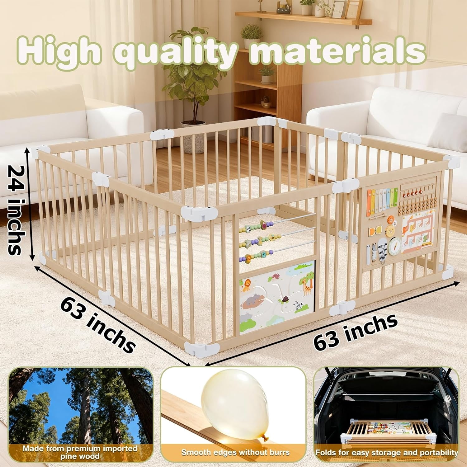 PRVAETU Foldable Wooden Baby Playpen with Gate and Activity Boards (Brown, 63 in x 63 in x 24 in) h9gxi