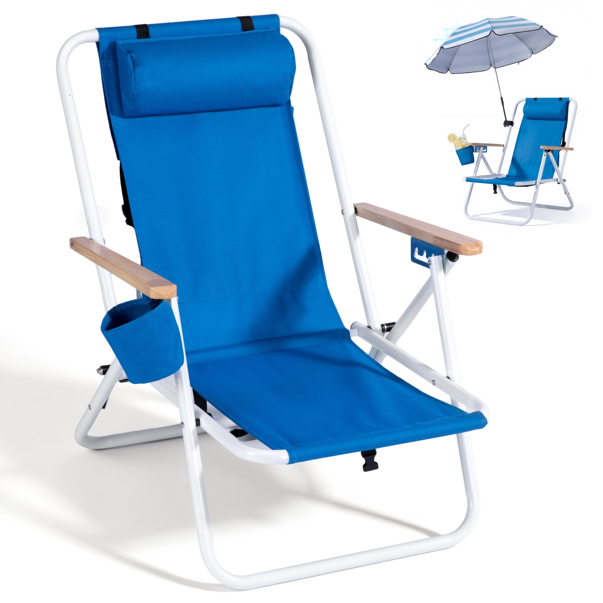 Vebreda Folding Beach Chair with Adjustable Umbrella, Heavy Duty Camping Seat (Blue, 32.3 in x 23 in x 27.6 in) w03in