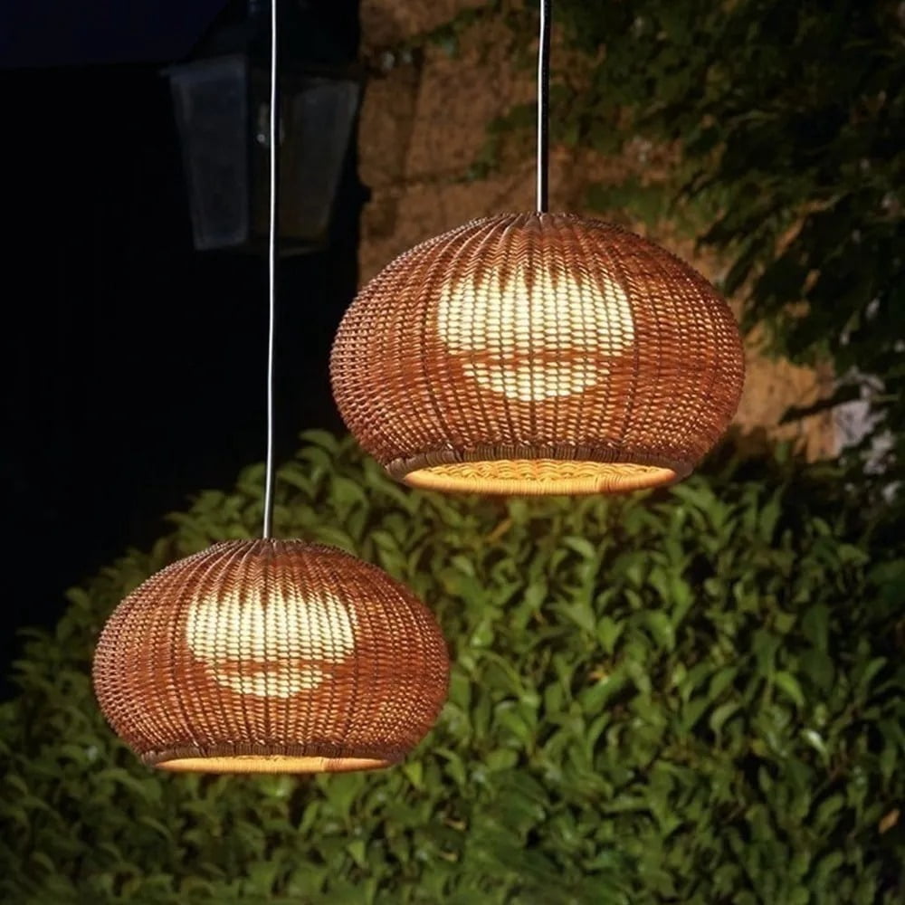 LittleGlovo Hand-woven Rattan Chandelier Waterproof Outdoor Hanging Light (Natural, 12 in) e5toj