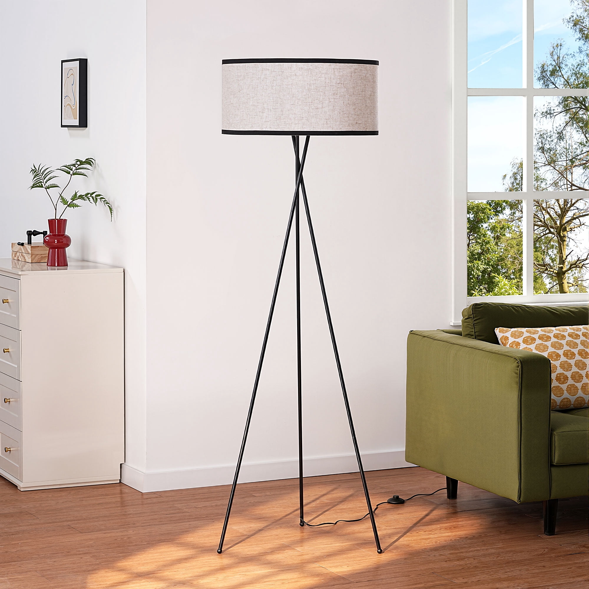 EDISHINE Tripod Floor Lamp with Remote and APP Control, Modern Dimmable LED Standing Lamp with RGB Bulb and Flaxen Linen Shade (Black, 66.9 in) nujo4