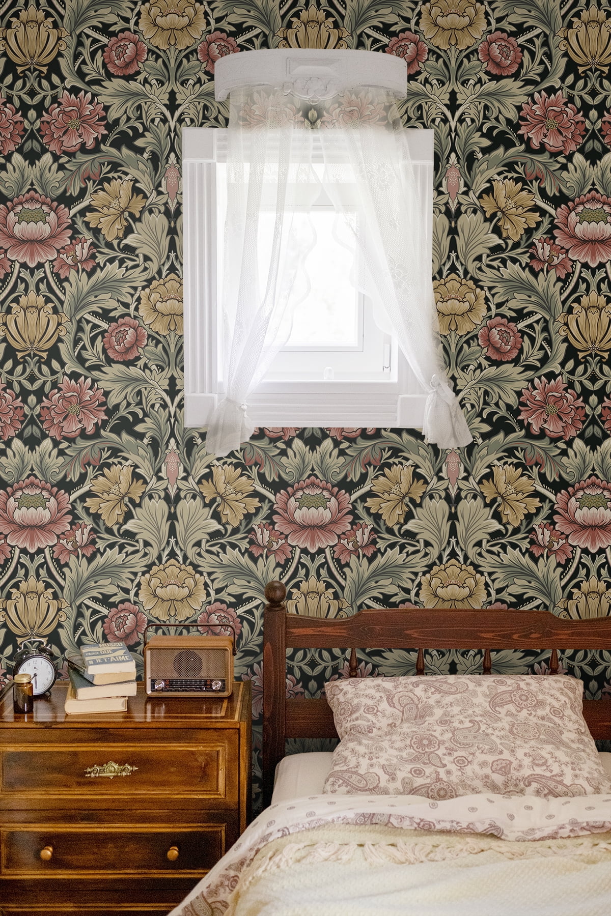 Harry & Grace Ebony Acanthus Floral Cameo Peel and Stick Wallpaper (Black, 20.5 in. x 18 ft.) 52f3c
